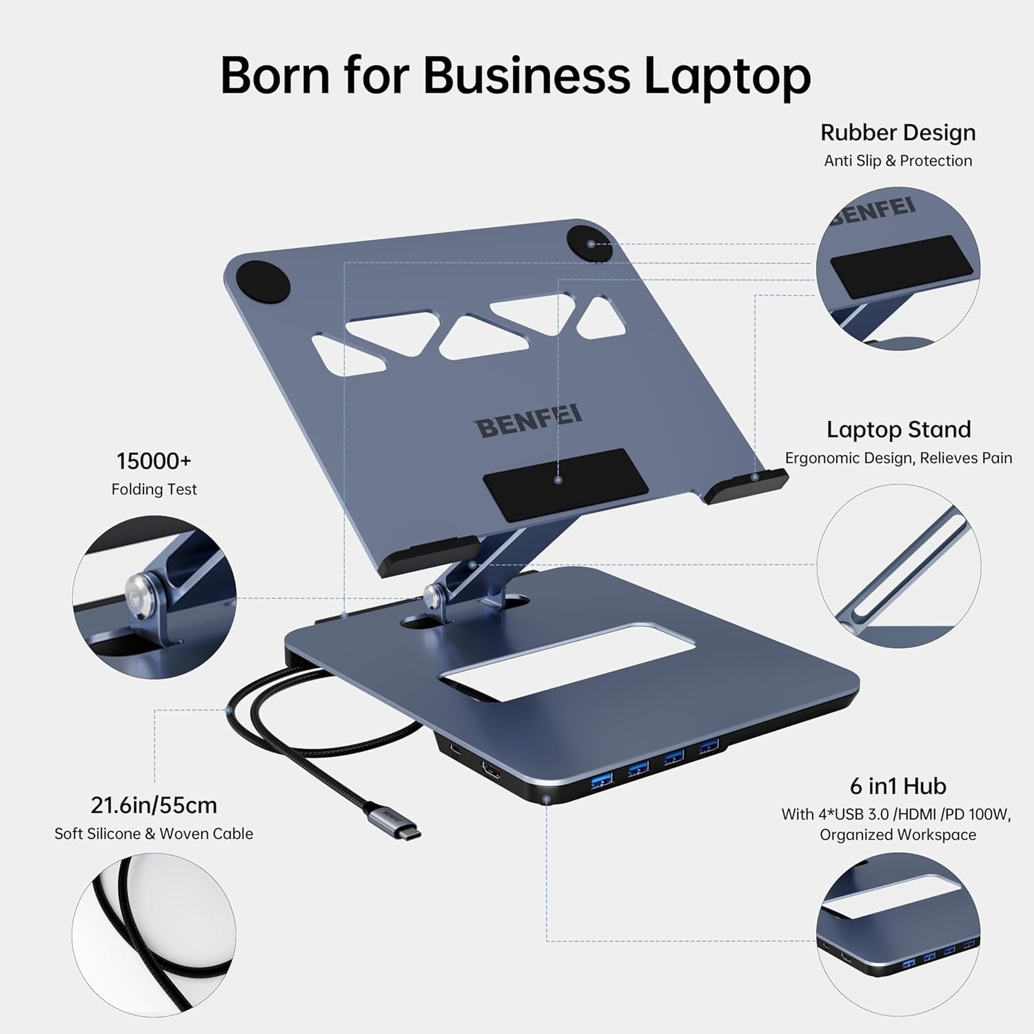 BENFEI 380GY Laptop Stand with USB C 6 in1 4K@60Hz HDMI, 4 x USB3.0, 100W PD Docking Station V28-ELEBEN380GY