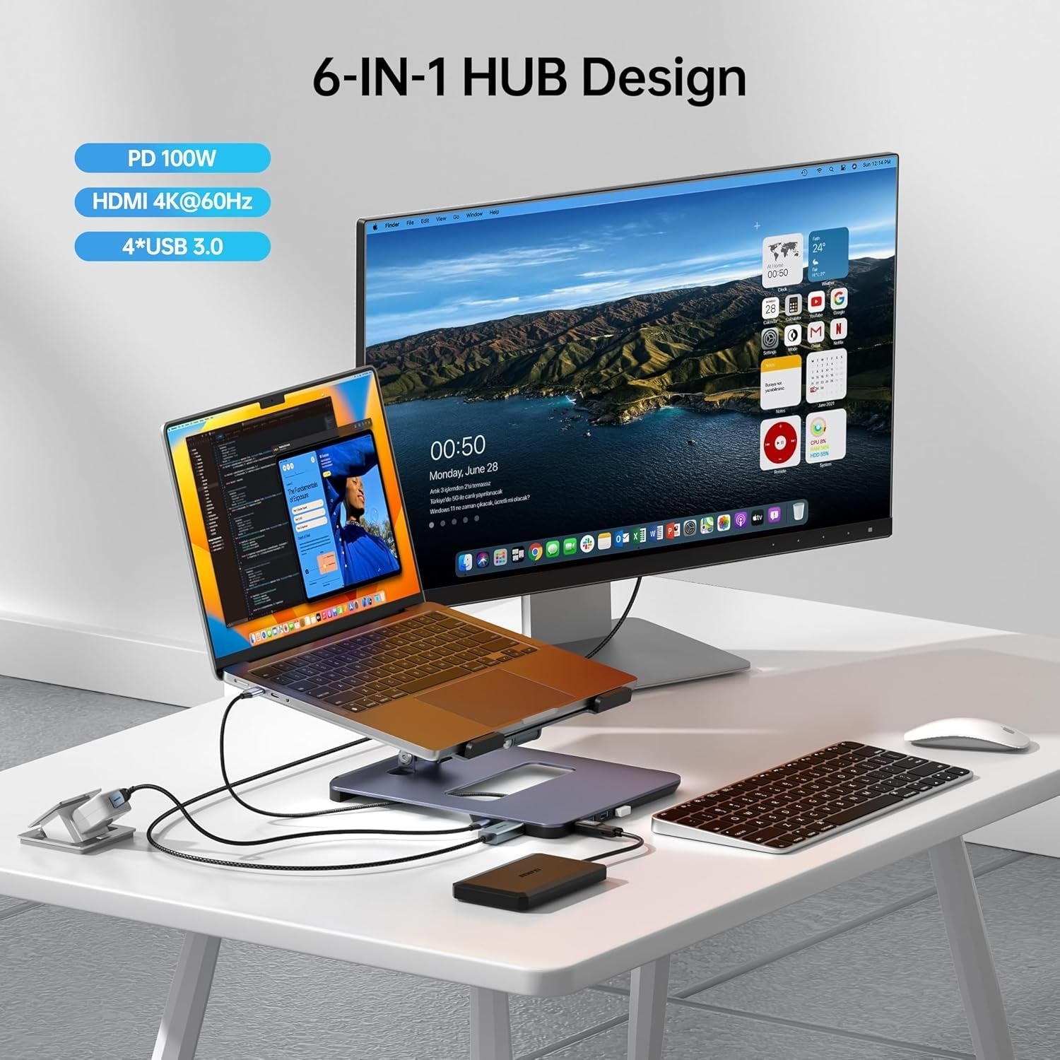 BENFEI 380GY Laptop Stand with USB C 6 in1 4K@60Hz HDMI, 4 x USB3.0, 100W PD Docking Station V28-ELEBEN380GY