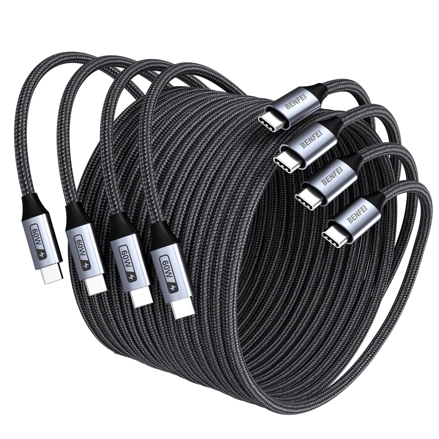 BENFEI 000382GY-4P USB C Fast Charging 60W Cable, 4-Pack(3.3ft/1M x 2 + /6.6ft/2M x 2) Nylon Braided Cable V28-ELEBEN382GY4P