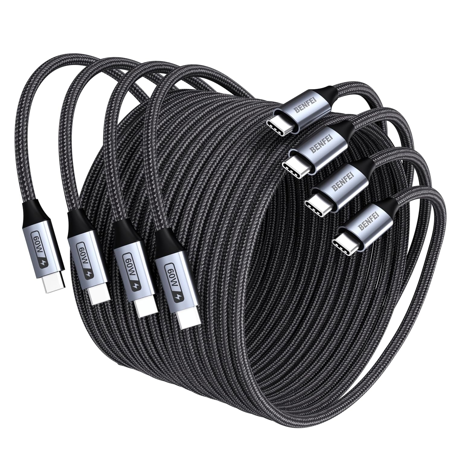 BENFEI 000382GY-4P USB C Fast Charging 60W Cable, 4-Pack(3.3ft/1M x 2 + /6.6ft/2M x 2) Nylon Braided Cable V28-ELEBEN382GY4P