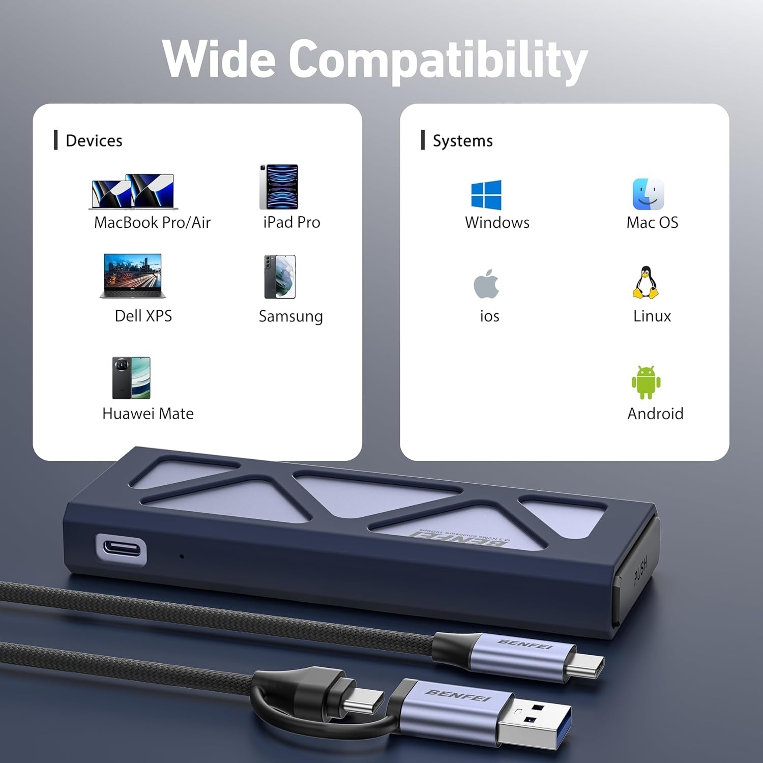 BENFEI M.2 SSD Enclosure USB3.2 Gen2 10 Gbps, Tool-Free for NVME B & M Keys with Size 2230/2242/2260/2280 SSDs V28-ELEBEN384GY