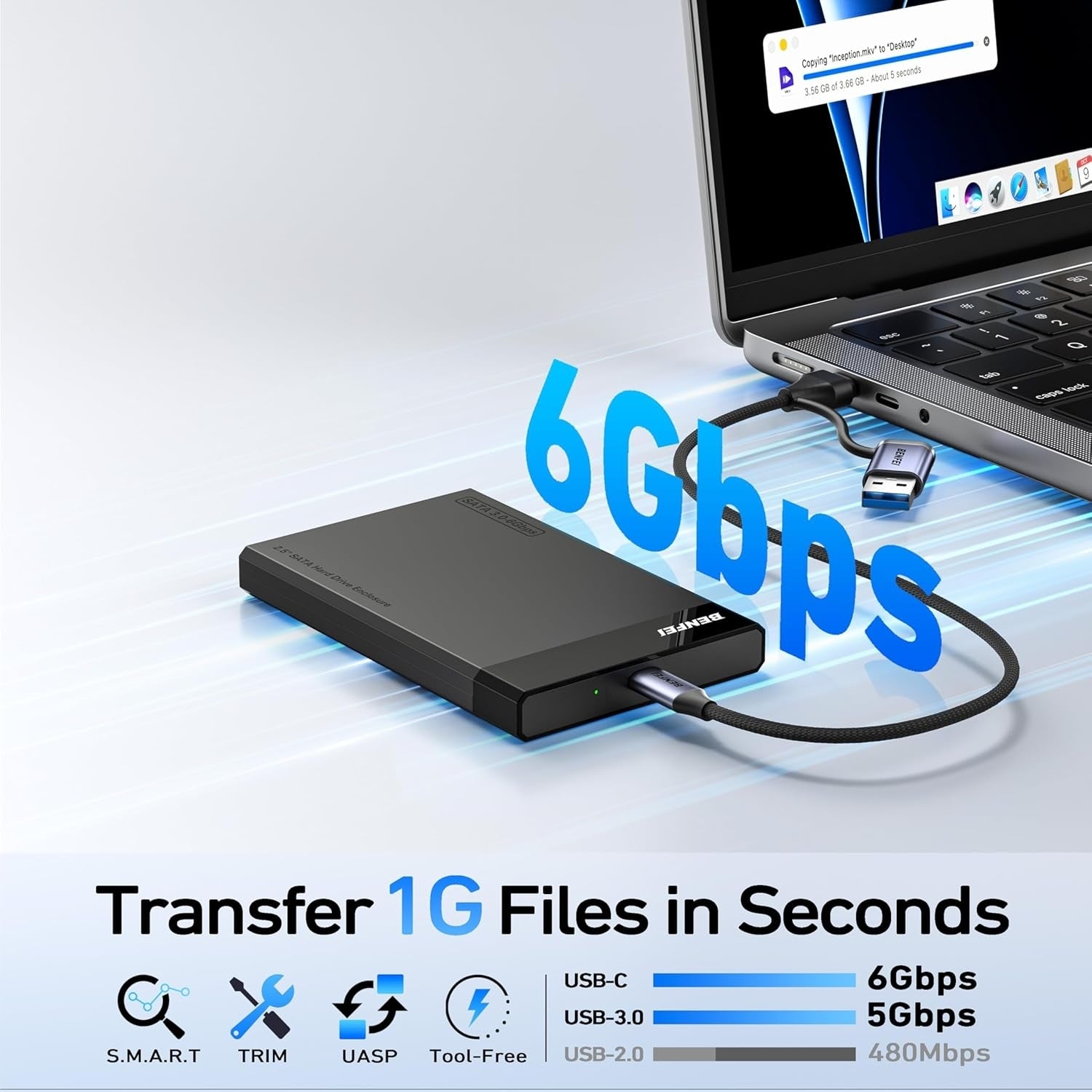 BENFEI 000385BK 2.5 Inch SATA to USB-A + USB-C Tool Free External Hard Drive Enclosure (6Gbps, Optimized for V28-ELEBEN385BK