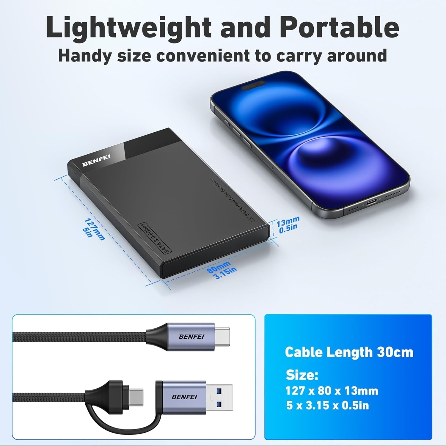 BENFEI 000385BK 2.5 Inch SATA to USB-A + USB-C Tool Free External Hard Drive Enclosure (6Gbps, Optimized for V28-ELEBEN385BK