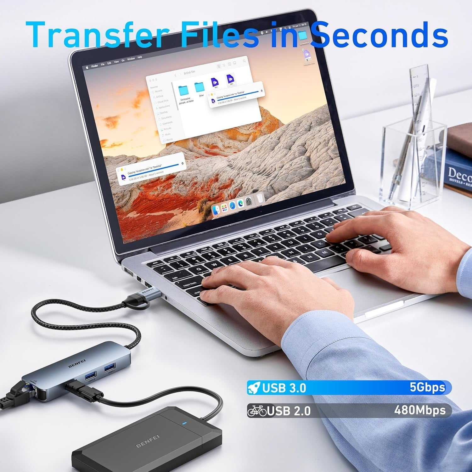 BENFEI 000386GY USB-C + USB 3.0 to Gigabit RJ45 + 3 Port USB 3.0 Hub Compatible with Mac V28-ELEBEN386GY
