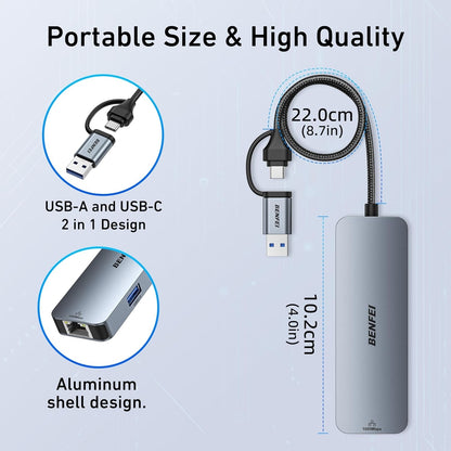 BENFEI 000386GY USB-C + USB 3.0 to Gigabit RJ45 + 3 Port USB 3.0 Hub Compatible with Mac V28-ELEBEN386GY