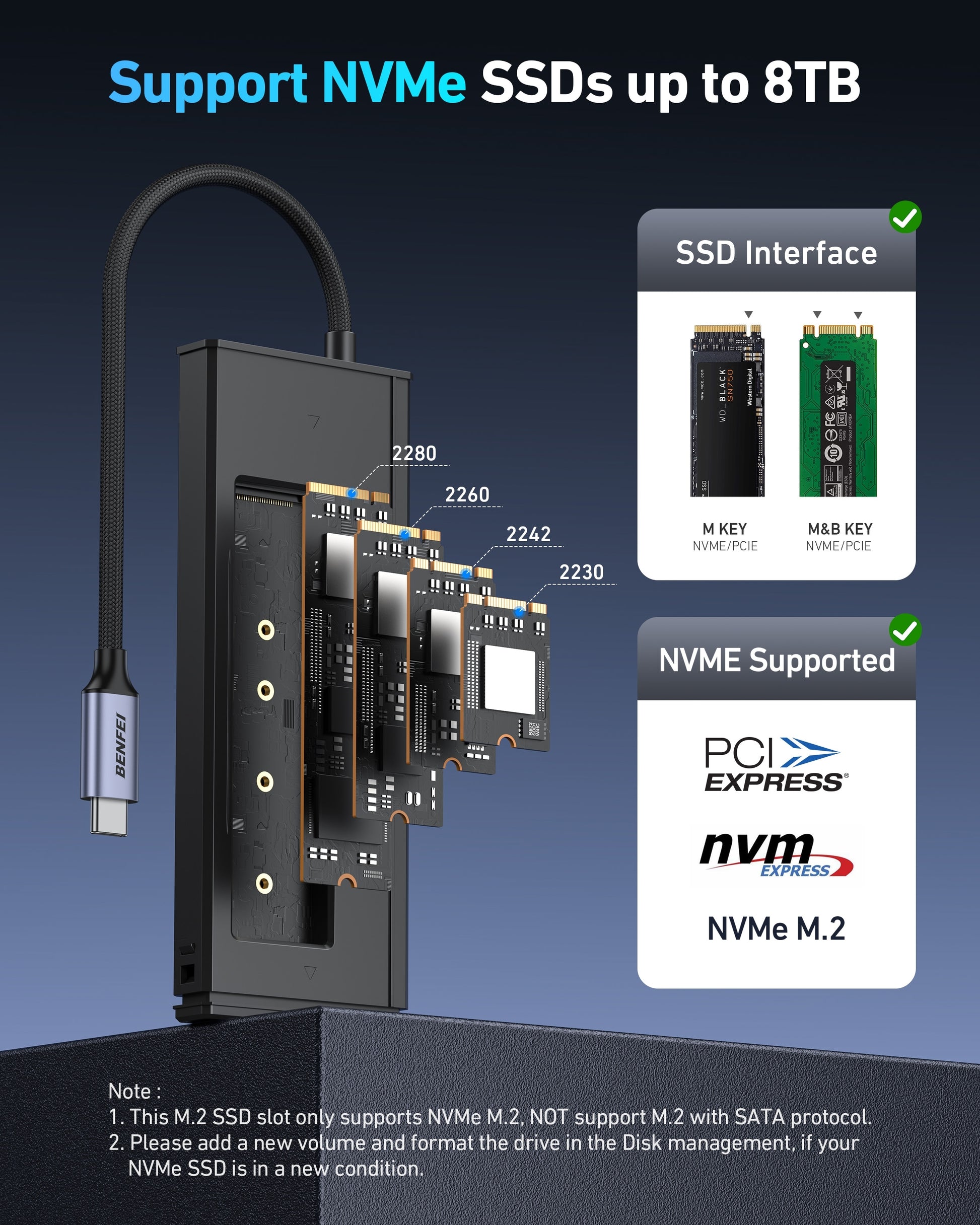 BENFEI 000389GY M.2 NVMe Enclosure with USB-C Hub V28-ELEBEN389GY