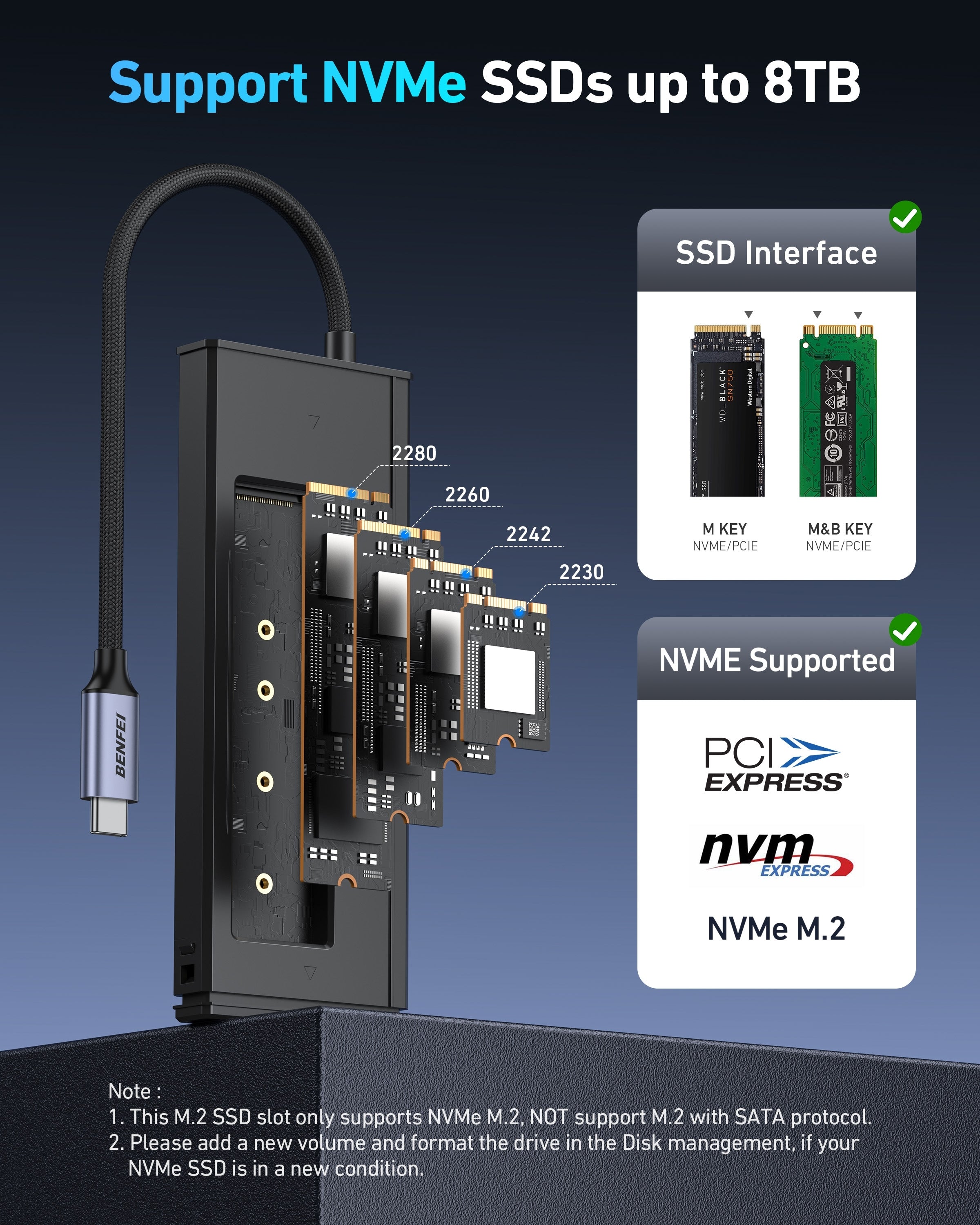 BENFEI 000389GY M.2 NVMe Enclosure with USB-C Hub V28-ELEBEN389GY