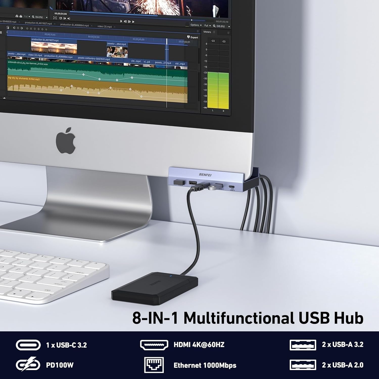 BENFEI 396GY USB-C 8-in-1 Docking HDMI 4K/60Hxz+USB-C(10G)+2xUSB-A(10G)+2xUSB2.0+RJ45+PD100W V28-ELEBEN396GY