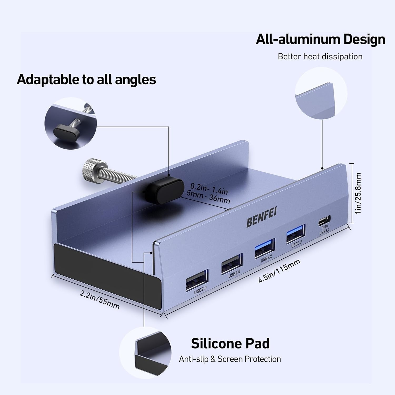 BENFEI 396GY USB-C 8-in-1 Docking HDMI 4K/60Hxz+USB-C(10G)+2xUSB-A(10G)+2xUSB2.0+RJ45+PD100W V28-ELEBEN396GY