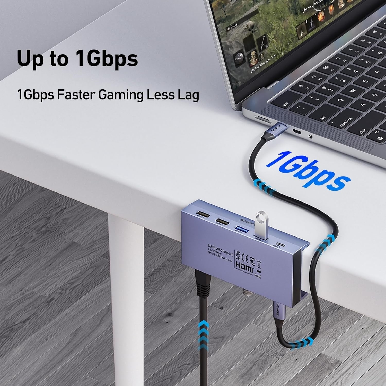 BENFEI 396GY USB-C 8-in-1 Docking HDMI 4K/60Hxz+USB-C(10G)+2xUSB-A(10G)+2xUSB2.0+RJ45+PD100W V28-ELEBEN396GY