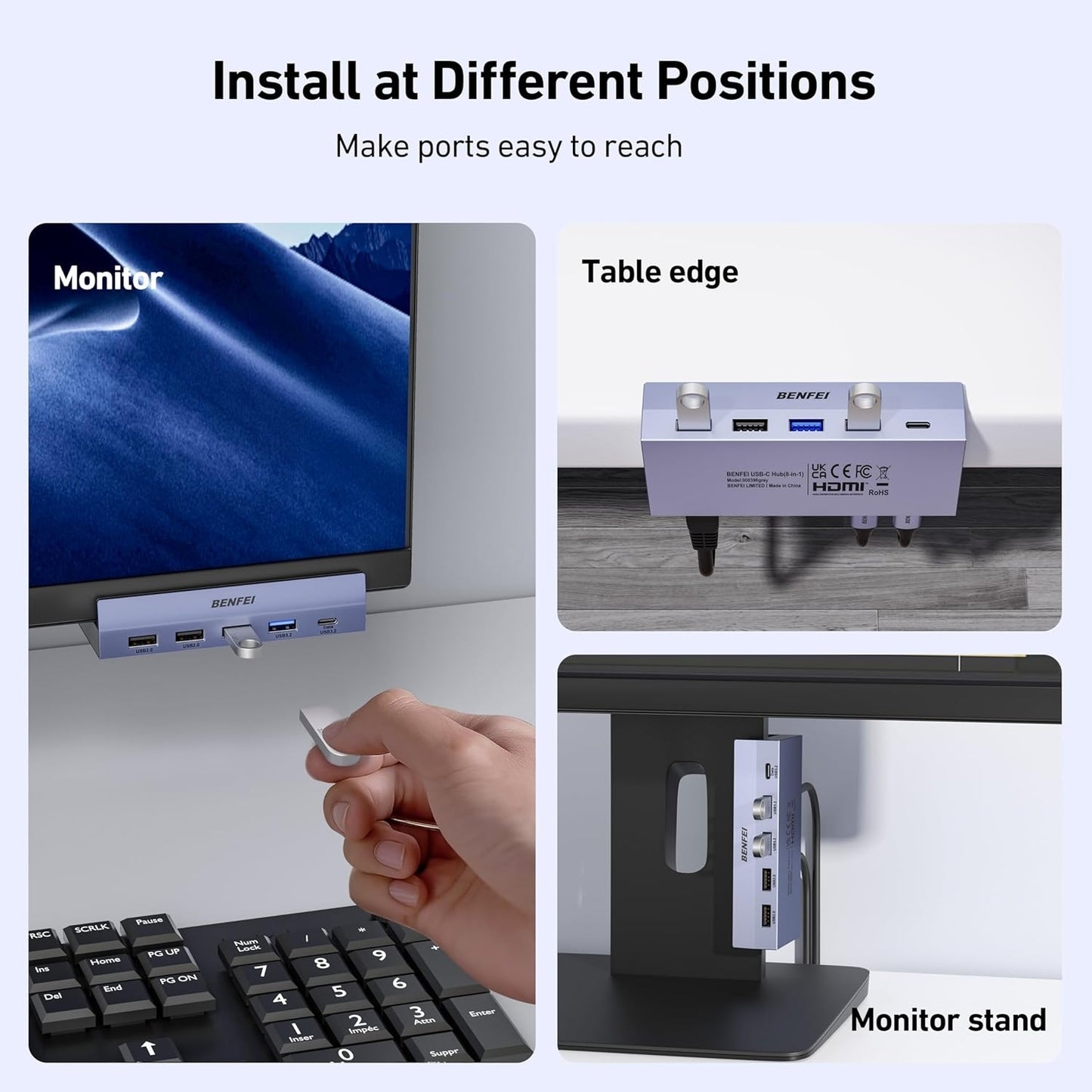 BENFEI 396GY USB-C 8-in-1 Docking HDMI 4K/60Hxz+USB-C(10G)+2xUSB-A(10G)+2xUSB2.0+RJ45+PD100W V28-ELEBEN396GY