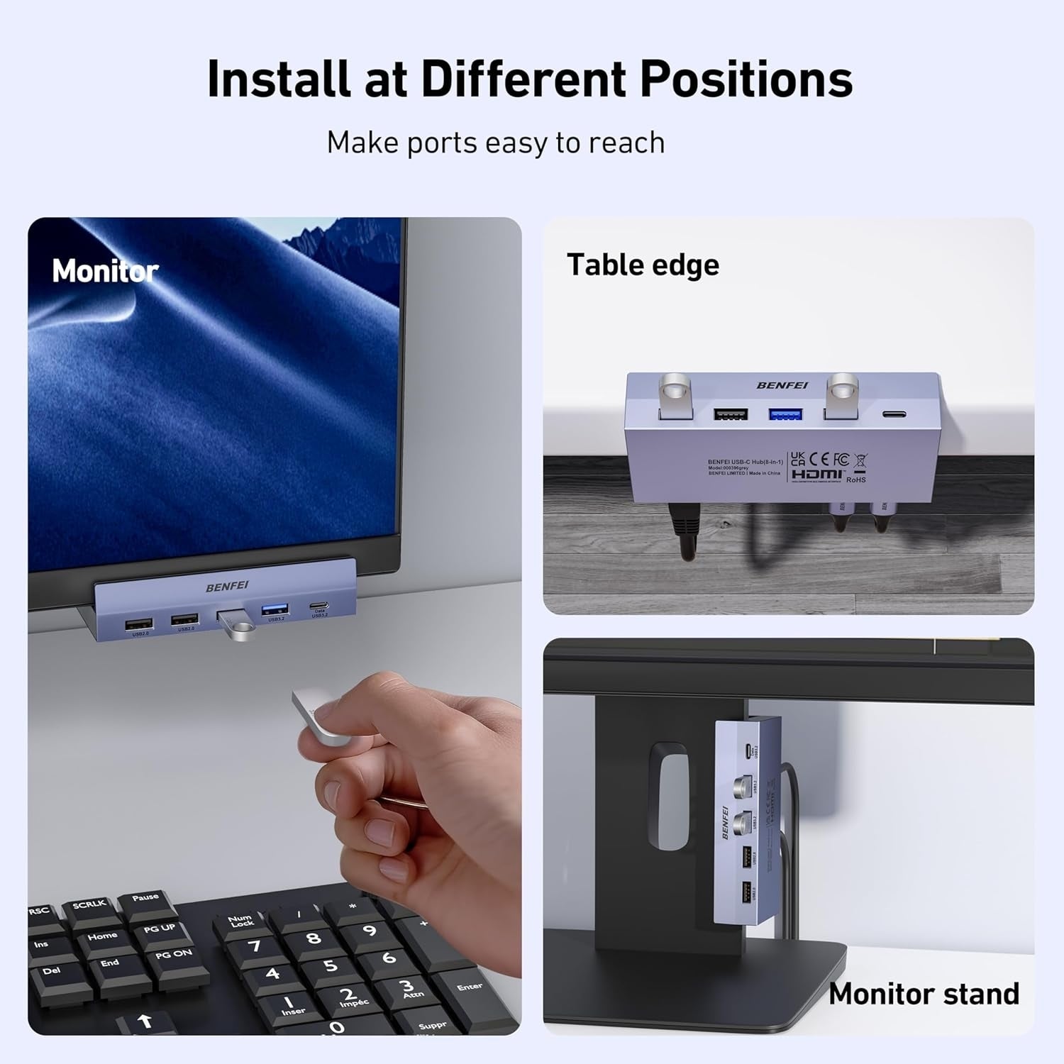BENFEI 396GY USB-C 8-in-1 Docking HDMI 4K/60Hxz+USB-C(10G)+2xUSB-A(10G)+2xUSB2.0+RJ45+PD100W V28-ELEBEN396GY