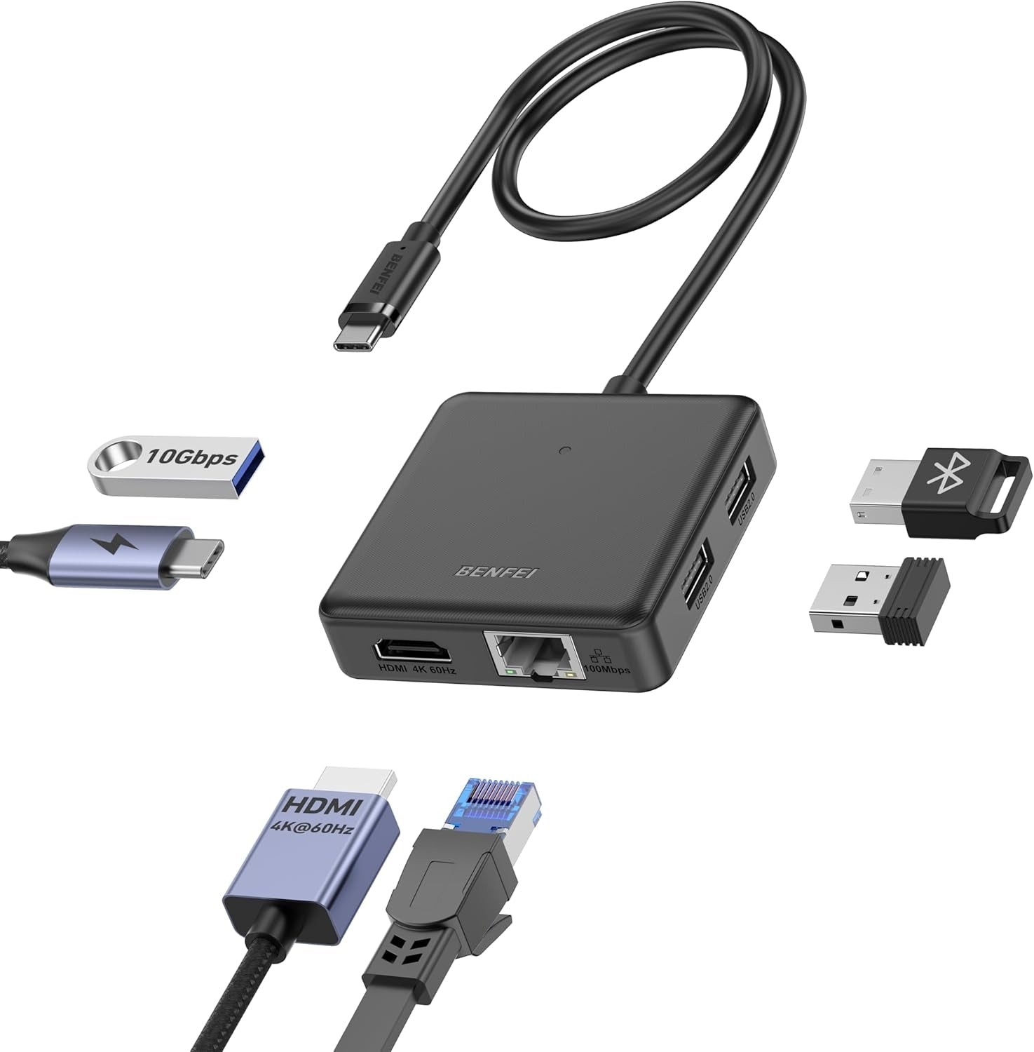 BENFEI 399BK 6-in-1 USB-C HUB to HDMI(8K)+USB3.2(10Gbps)+USB2.0x2+PD100W+RJ45 Black V28-ELEBEN399BK