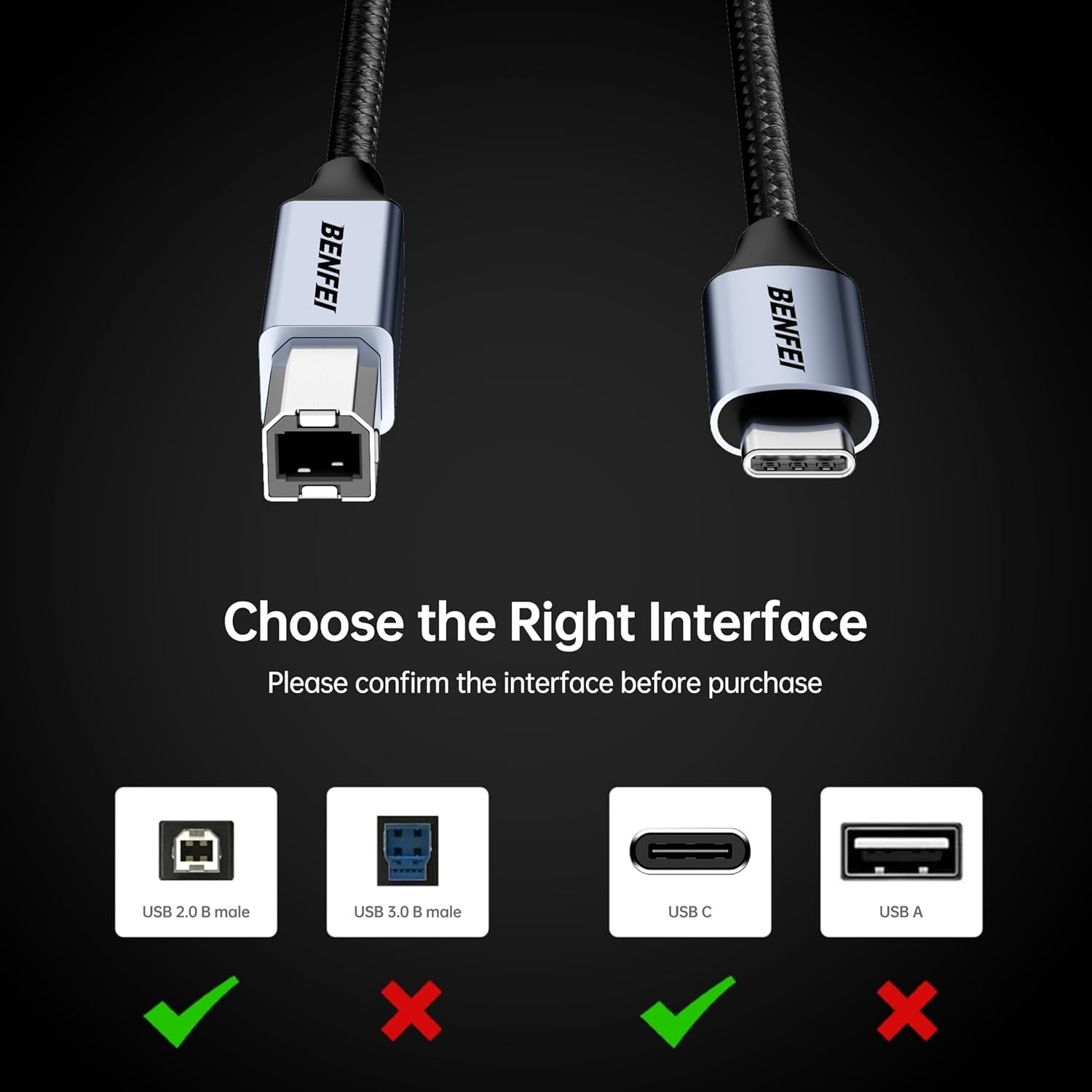BENFEI 405GY-2M USB B to USB C Printer Cable, Nylon Braided, Premium Aluminium Alloy Case 2M V28-ELEBEN405GY2M
