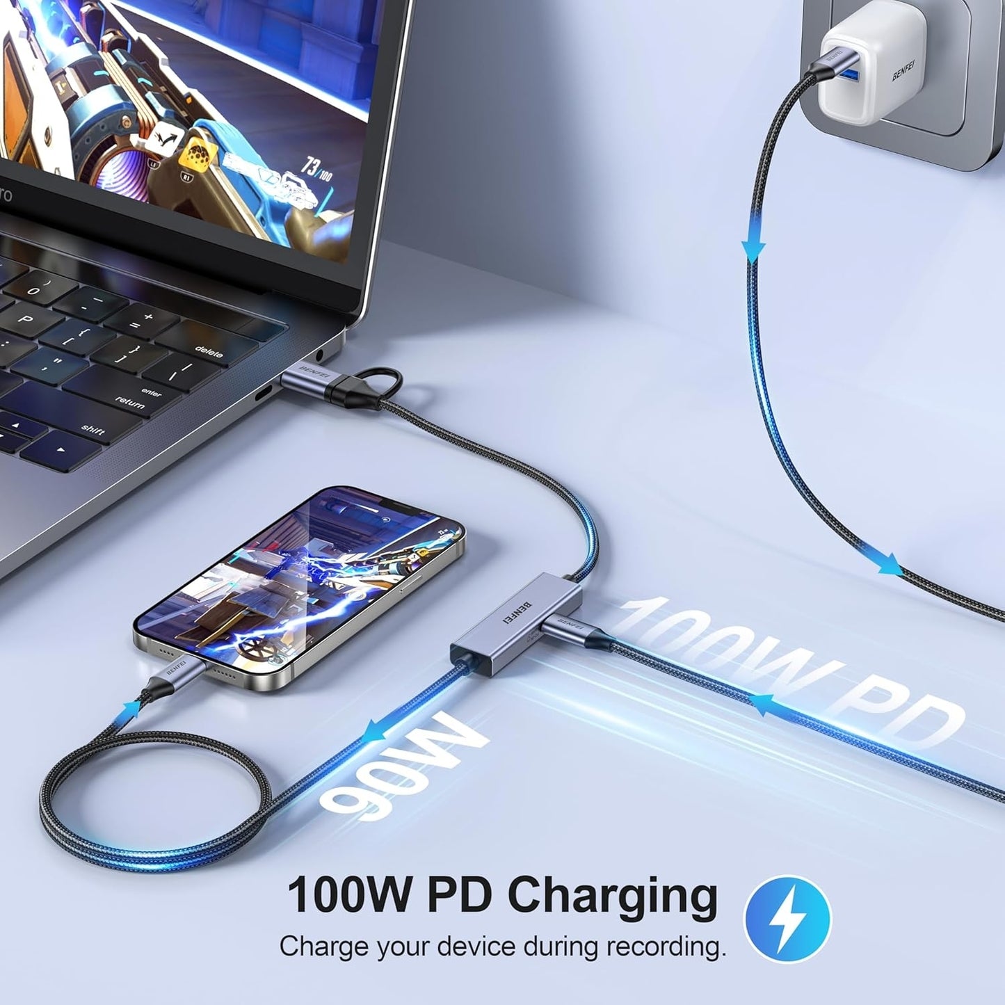 BENFEI 408GY USB-C to USB-C+A + PD (100W) Video/Audio Capture Card Supporting Full HD 1080P 60FPS for V28-ELEBEN408GY