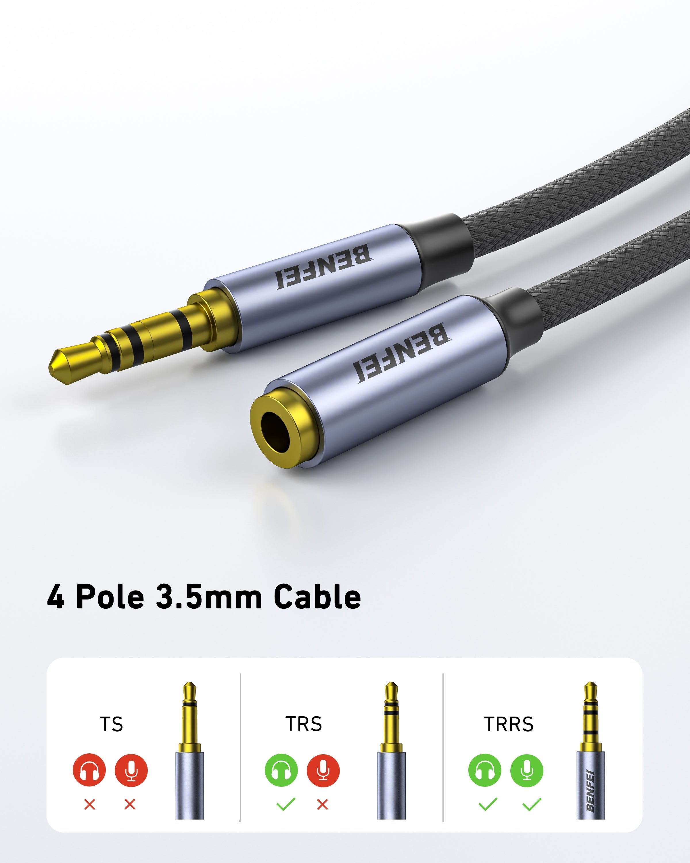 BENFEI 421GY 2M 3.5mm Male to Female AUX Extension Cable, TRRS 4-Pole Stereo Audio Jack Cord for Headphones, V28-ELEBEN421GY2M