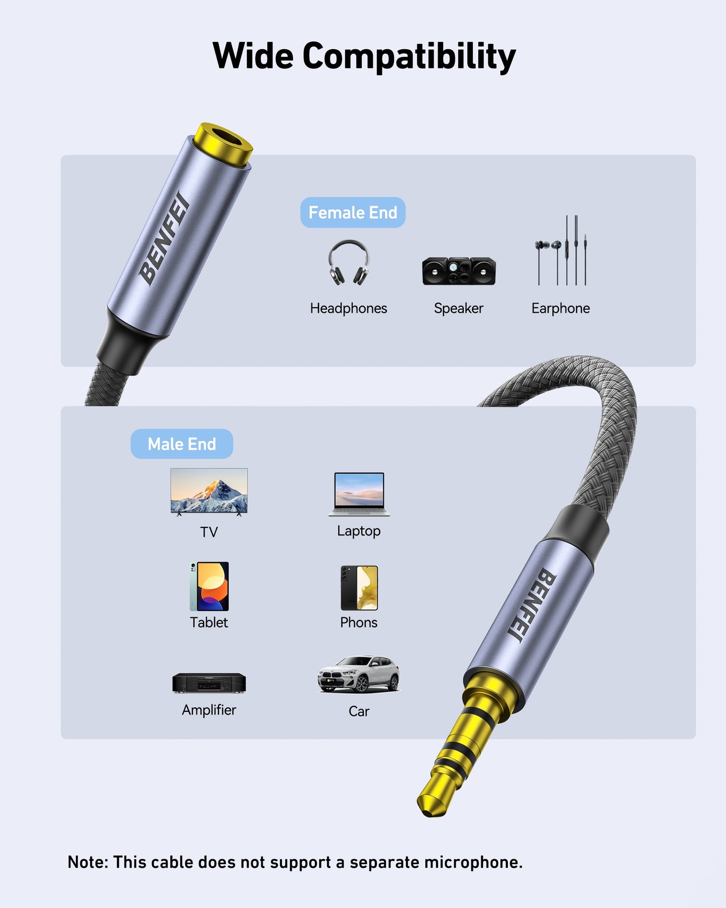 BENFEI 421GY 2M 3.5mm Male to Female AUX Extension Cable, TRRS 4-Pole Stereo Audio Jack Cord for Headphones, V28-ELEBEN421GY2M