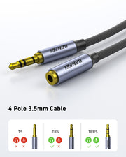 BENFEI 421GY 3M 3.5mm Male to Female AUX Extension Cable, TRRS 4-Pole Stereo Audio Jack Cord for Headphones, V28-ELEBEN421GY3M