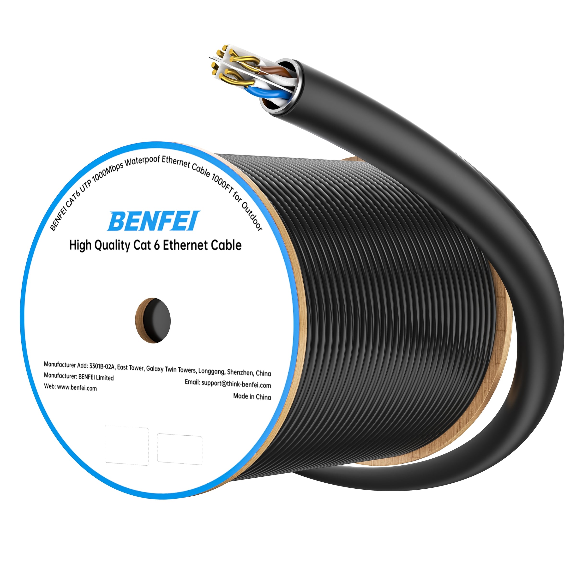BENFEI 000701BK-305M CAT6 UTP 1000Mbps Waterproof Ethernet Cable 1000FT for Outdoor 305M (Unshielded) V28-ELEBEN701BK305M