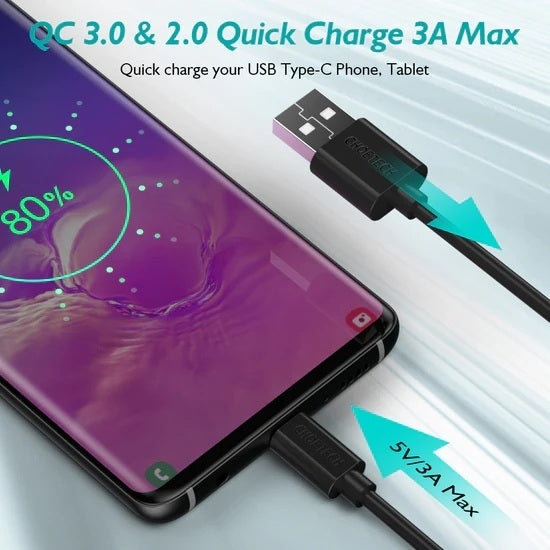CHOETECH AC0003-V4 USB-A to Type-C Cable 6.6ft Fast Charging Data Cord 2M V28-ELECHOAC0003V4