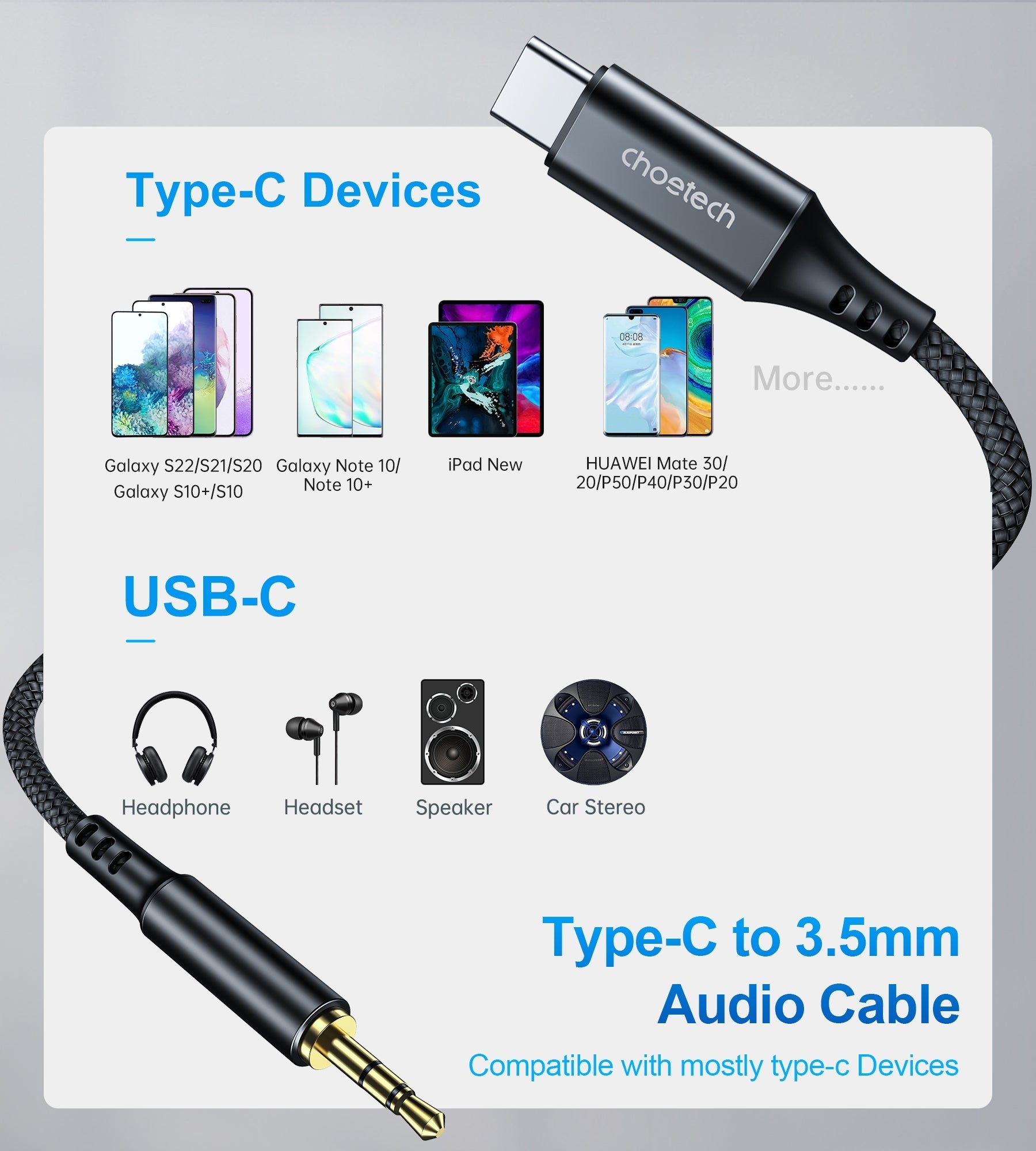 CHOETECH AUX008 Type-C To 3.5mm Audio Cable 2M V28-ELECHOAUX008