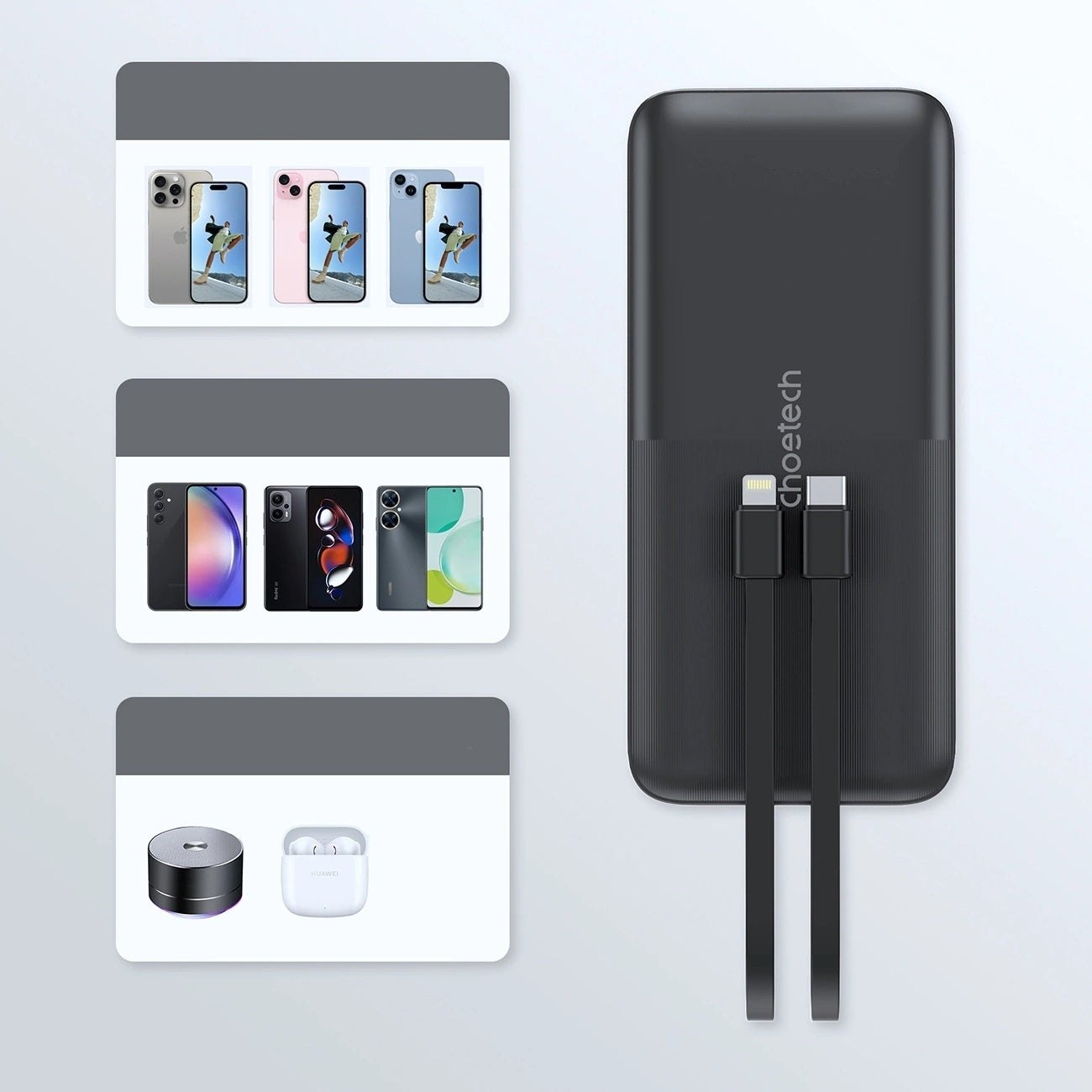 CHOETECH B654 10000mAh Pwer Bank 22.5W USB-A / USB-C / micro USB with built-in USB-C / Lightning cable - black V28-ELECHOB654