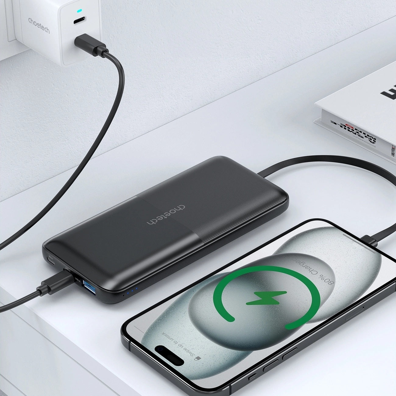 CHOETECH B654 10000mAh Pwer Bank 22.5W USB-A / USB-C / micro USB with built-in USB-C / Lightning cable - black V28-ELECHOB654