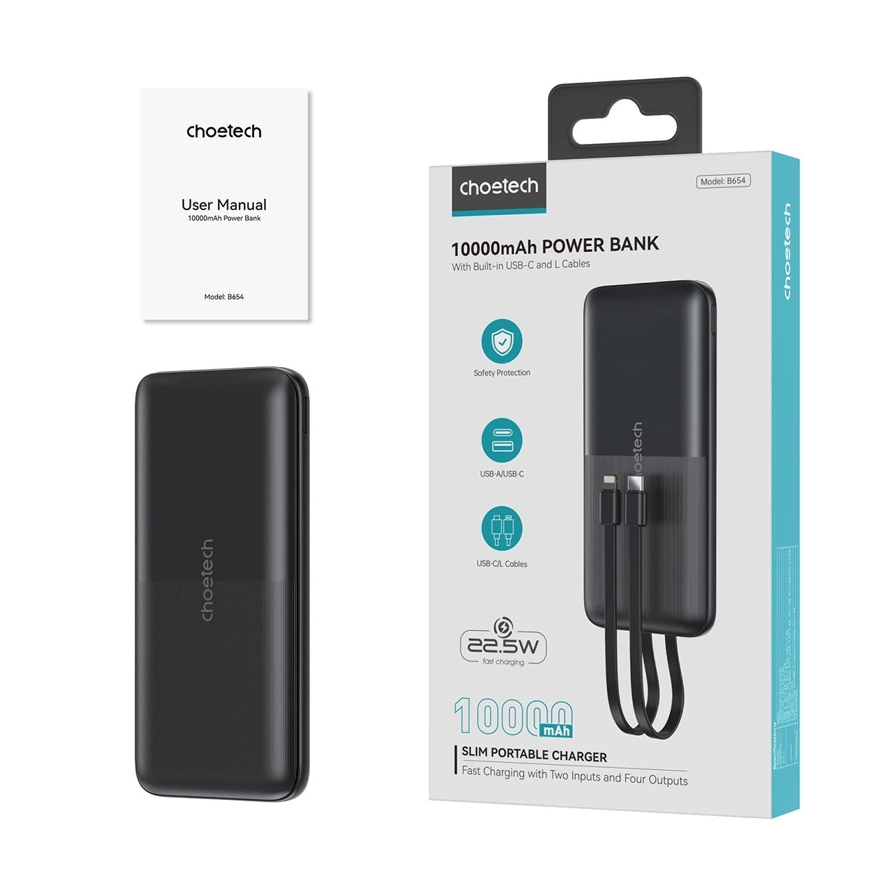 CHOETECH B654 10000mAh Pwer Bank 22.5W USB-A / USB-C / micro USB with built-in USB-C / Lightning cable - black V28-ELECHOB654