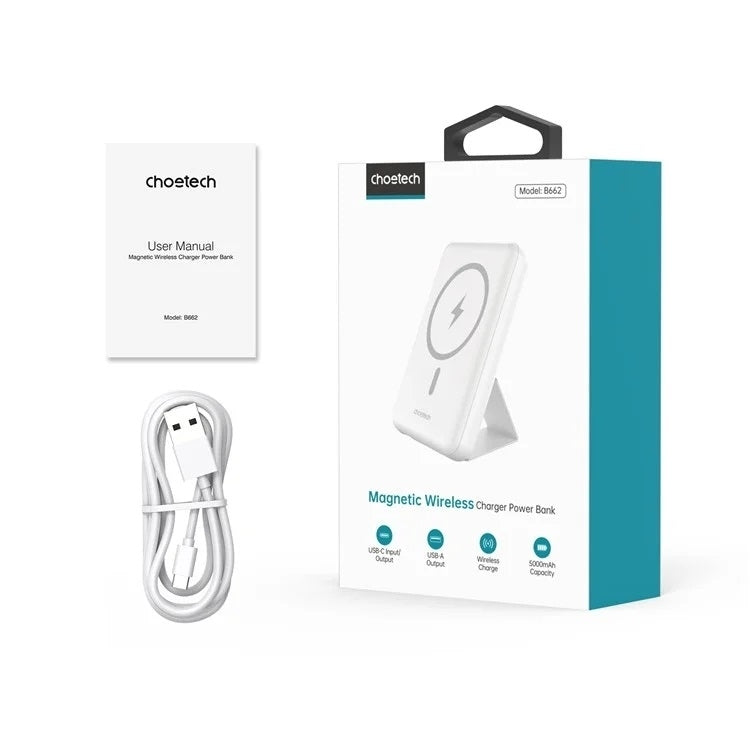CHOETECH B662-WH USB-A + USB-C + Wireless Magnetic Power bank 5000mAh (White) V28-ELECHOB662WH