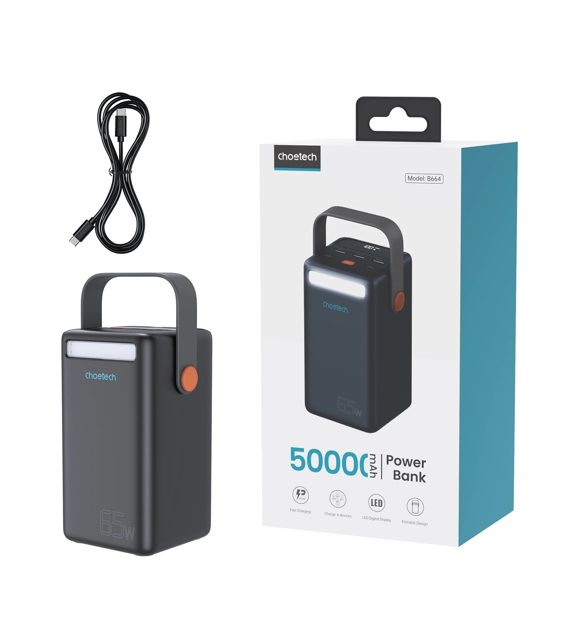CHOETECH B664 50000mAh PD65W Power Bank with LED Flashlight LCD Display V28-ELECHOB664