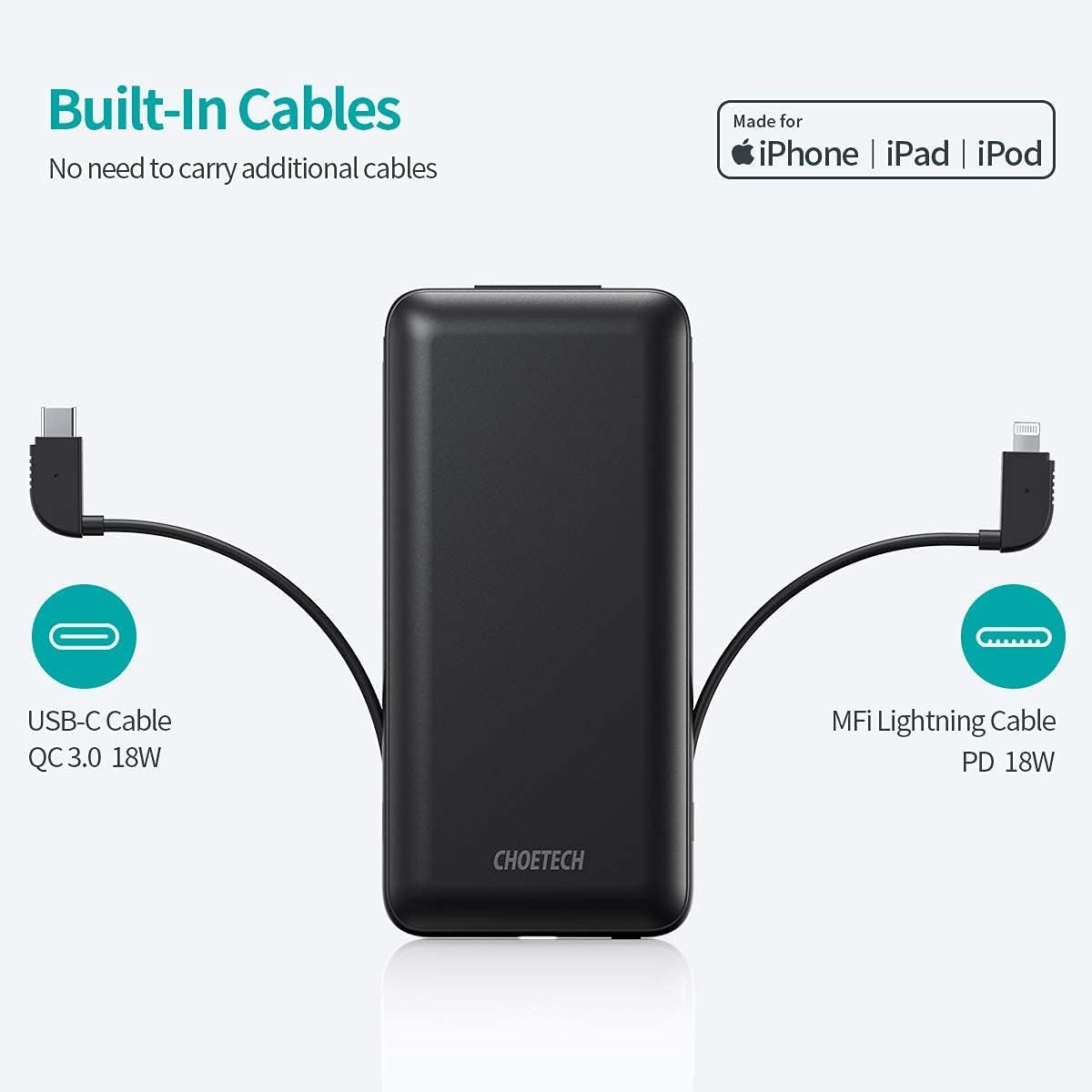 CHOETECH B688-BK 10000mAh MFi Certified PD18W Power Bank (with 2 cables) V28-ELECHOB688BK