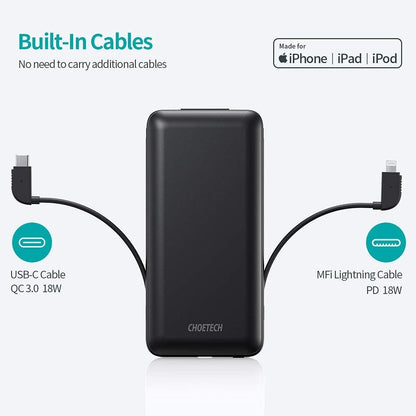 CHOETECH B688-BK 10000mAh MFi Certified PD18W Power Bank (with 2 cables) V28-ELECHOB688BK