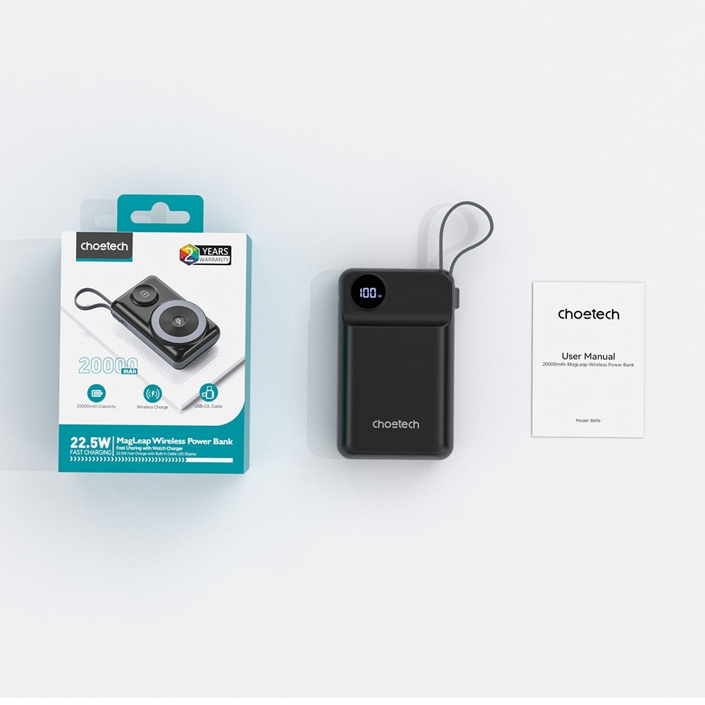 CHOETECH B696-BK 20000mAh 22.5W USB-A + USB-C x 2 + MagLeap Wireless Charge Power Bank Black V28-ELECHOB696BK