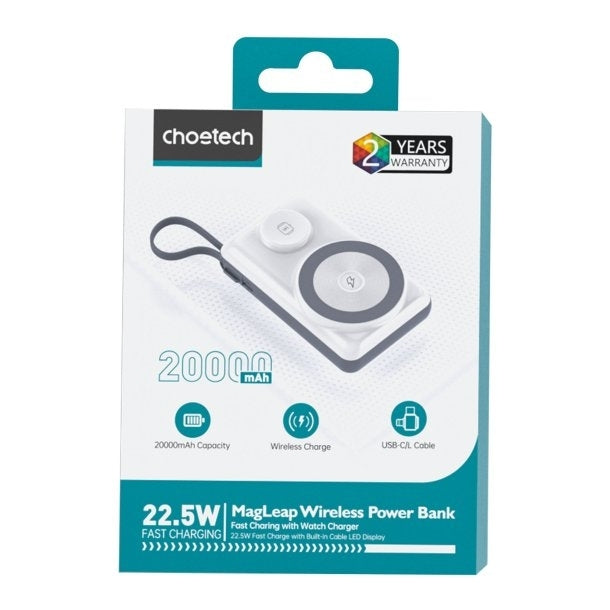 CHOETECH B696-WH 20000mAh 22.5W USB-A + USB-C x 2 + MagLeap Wireless Charge Power Bank White V28-ELECHOB696WH