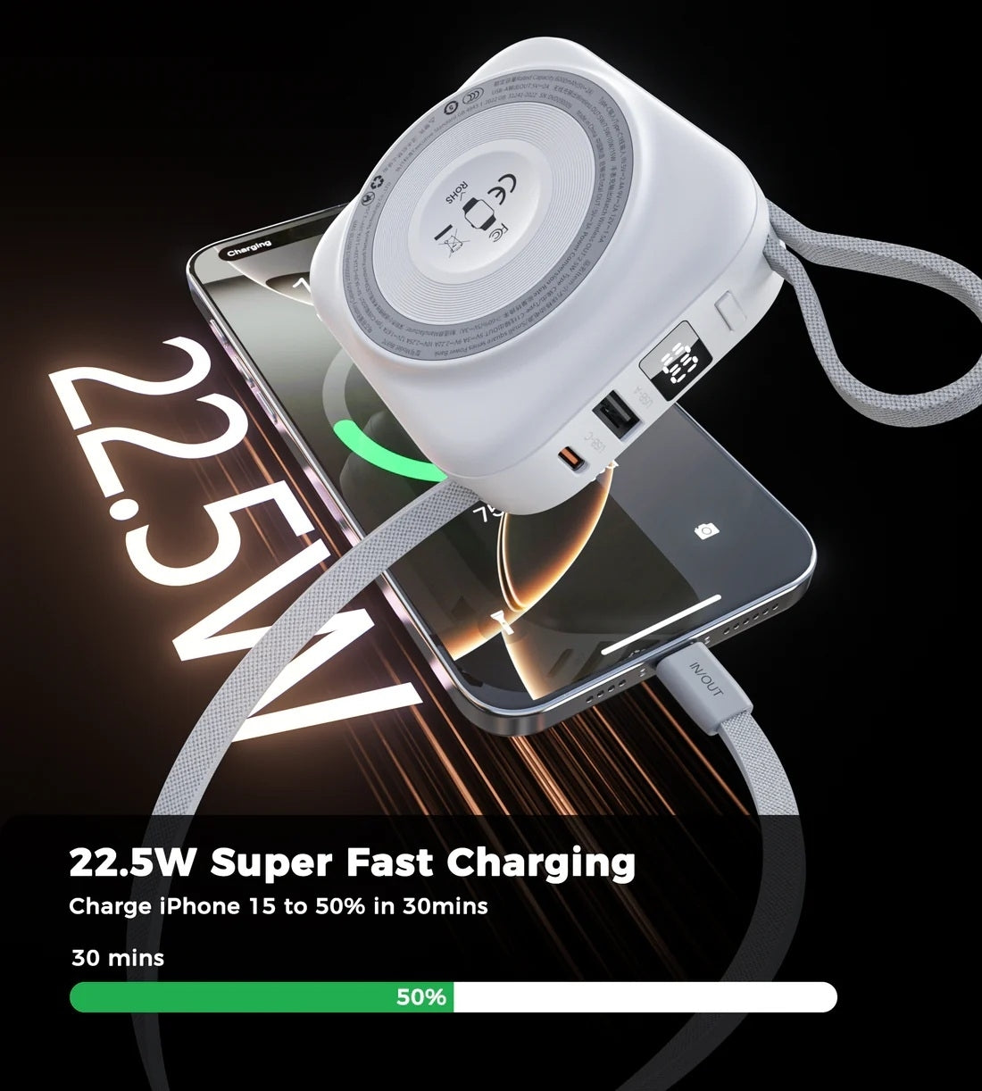 Choetech B697C-WH 10000mAh LED display 22.5W power bank for Mobile and Apple watch/Airpods CCC Certified V28-ELECHOB697CWH