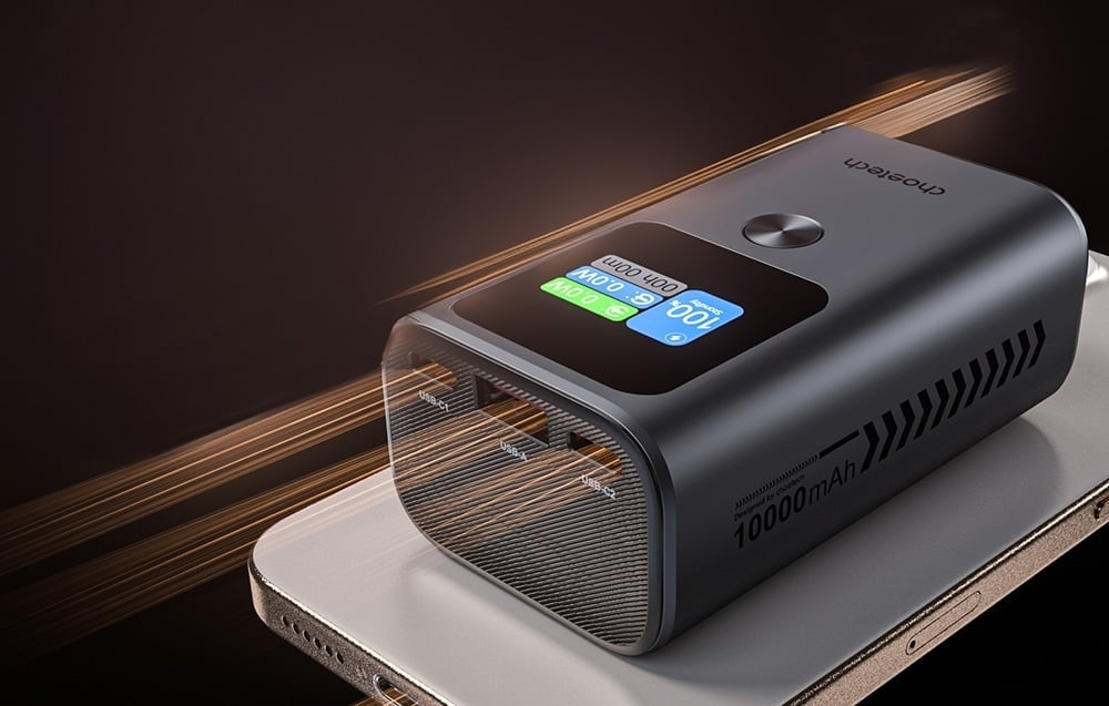 CHOETECH B701-GY 10000mAh PD30W USB-A + USB-C x 2, 3-Port & TFT Display Power Bank V28-ELECHOB701GY