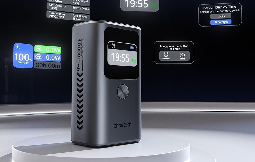 CHOETECH B701-GY 10000mAh PD30W USB-A + USB-C x 2, 3-Port & TFT Display Power Bank V28-ELECHOB701GY