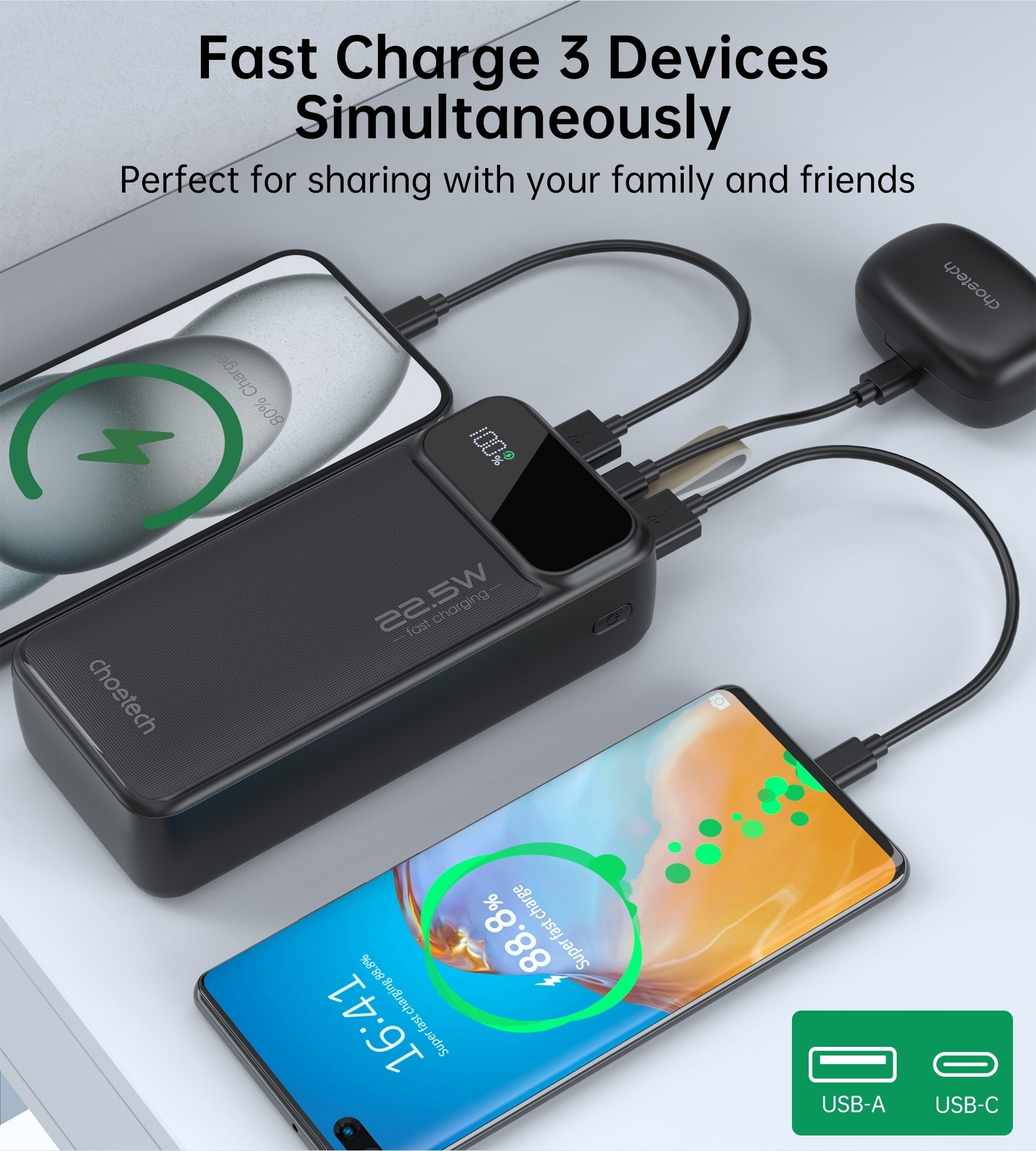 CHOETECH B730 30000mAh Power Bank PD22.5W with Digital Display V28-ELECHOB730