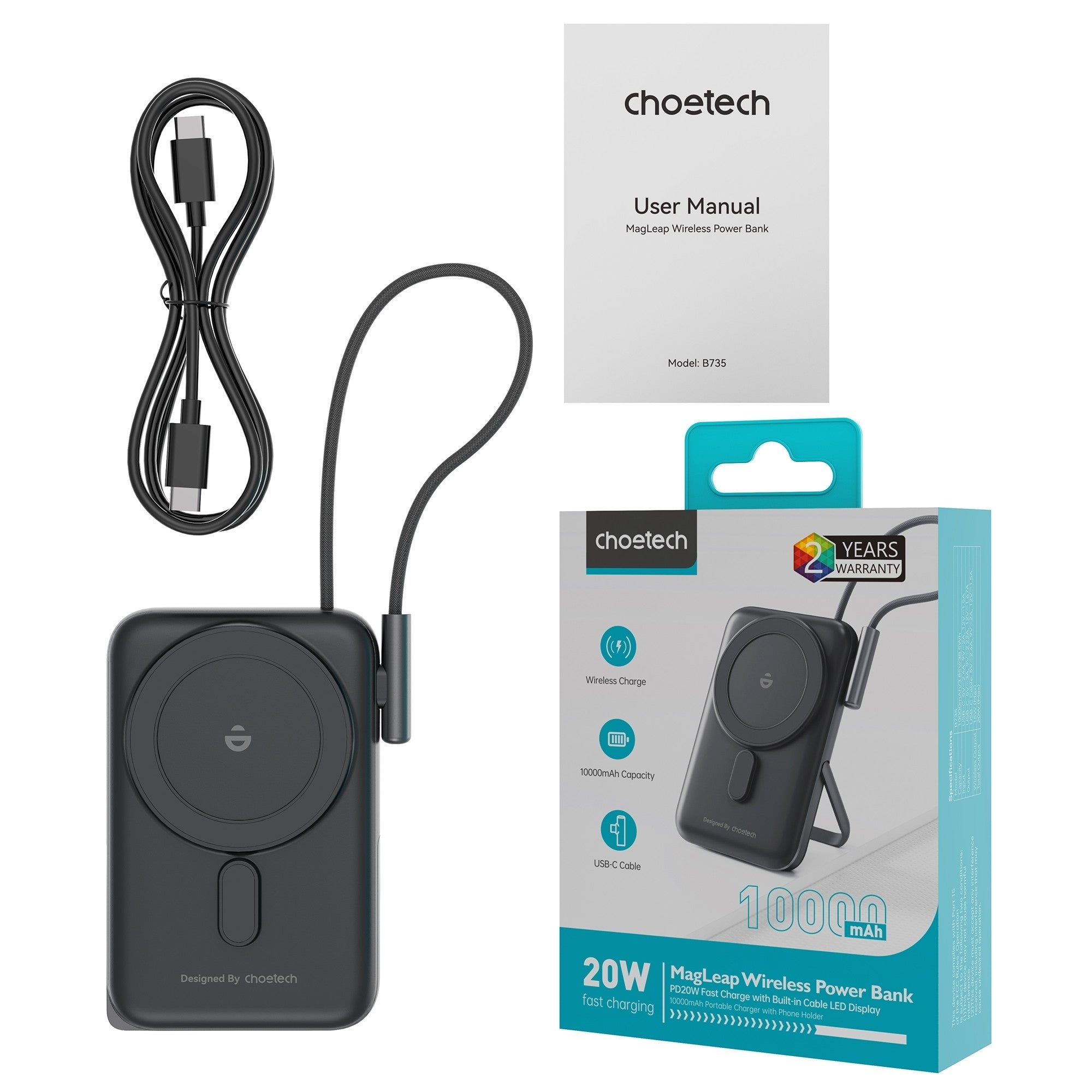 CHOETECH B735-BK 10000mAh 20W MagLeap Wireless Power Bank Black with Phone Holder and Build-in Cable V28-ELECHOB735BK