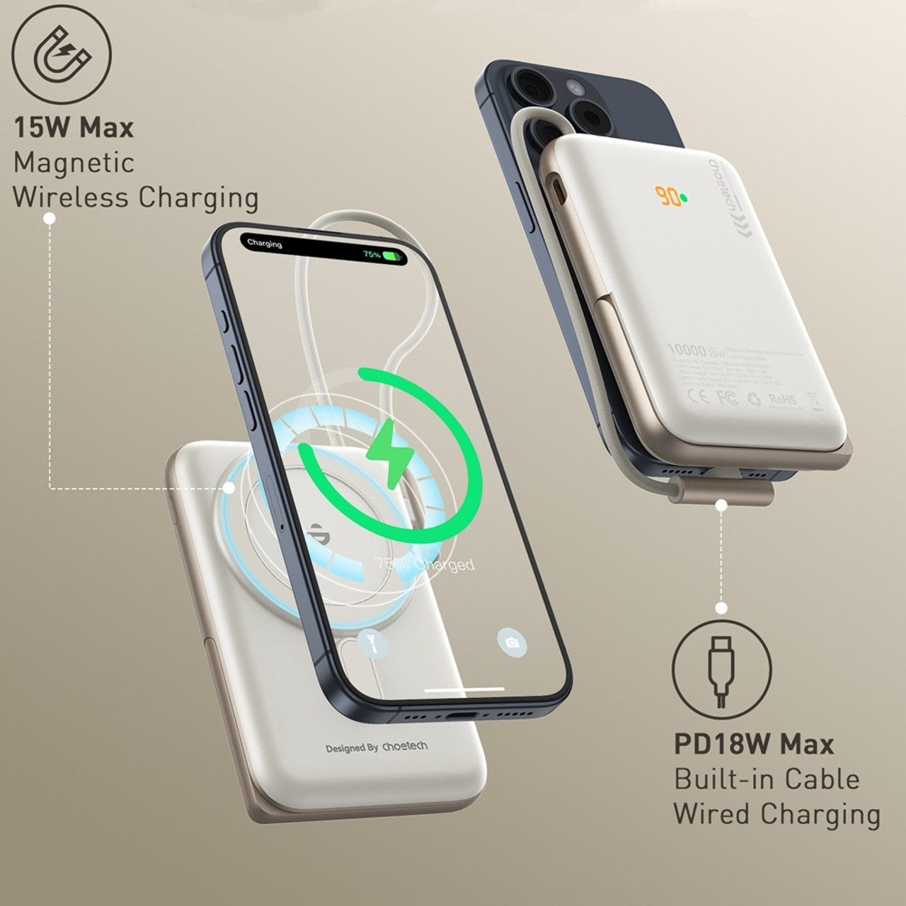 CHOETECH B735-WH 10000mAh 20W MagLeap Wireless Power Bank White with Phone Holder and Build-in Cable V28-ELECHOB735WH