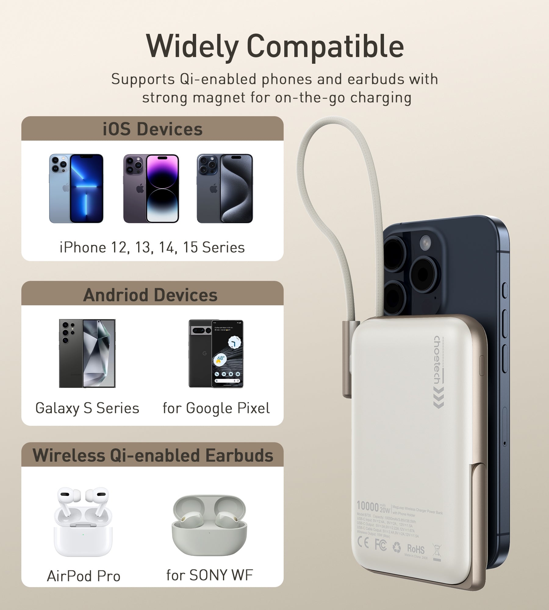CHOETECH B735-WH 10000mAh 20W MagLeap Wireless Power Bank White with Phone Holder and Build-in Cable V28-ELECHOB735WH