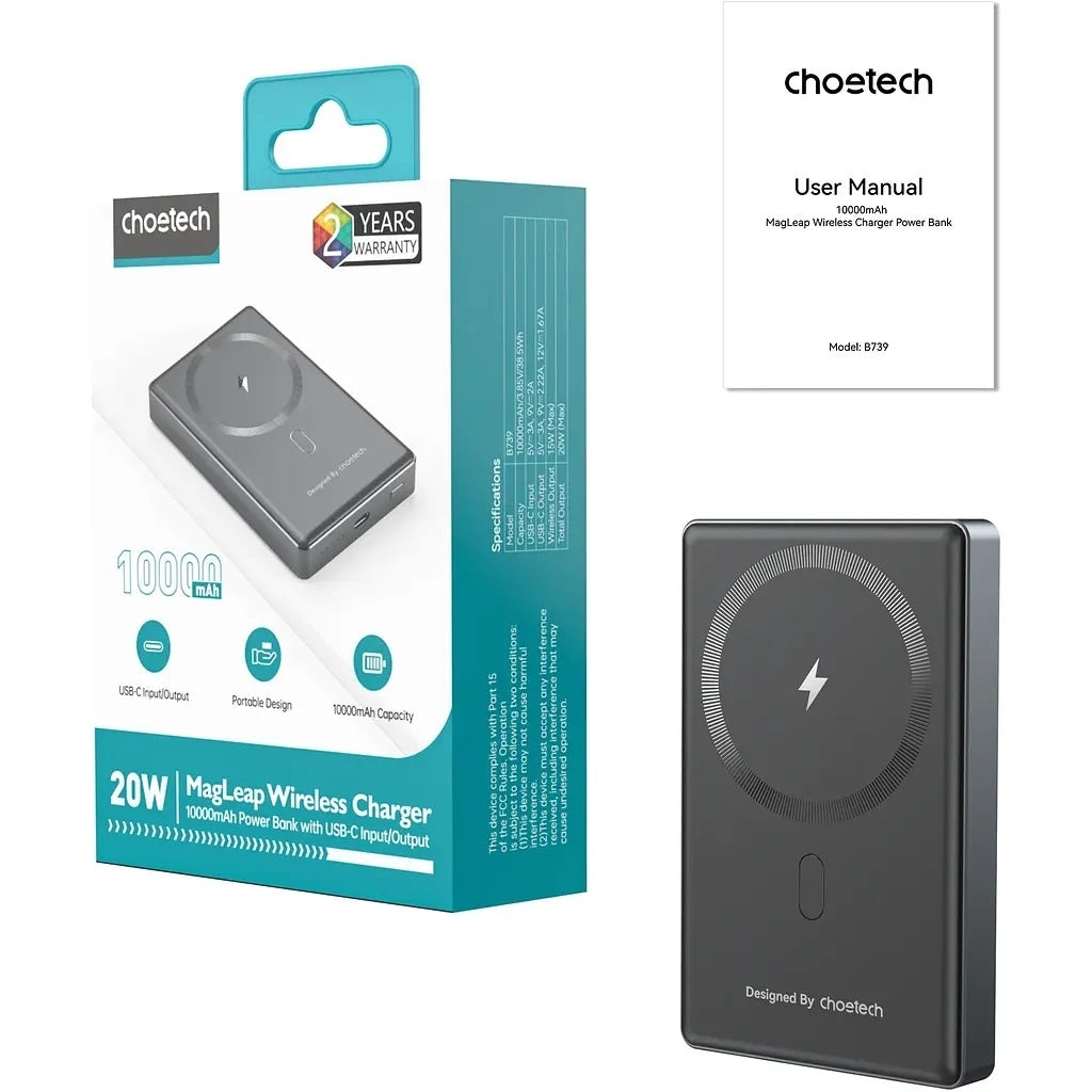 CHOETECH B739-BK 20W Slim USB-C 10000mAh Magnetic Power Bank - Black V28-ELECHOB739BK