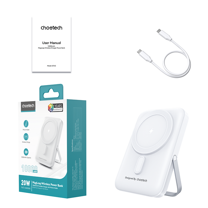 CHOETECH B743-WH 10000mAh PD20W Magnetic Power Bank with Holder White V28-ELECHOB743WH