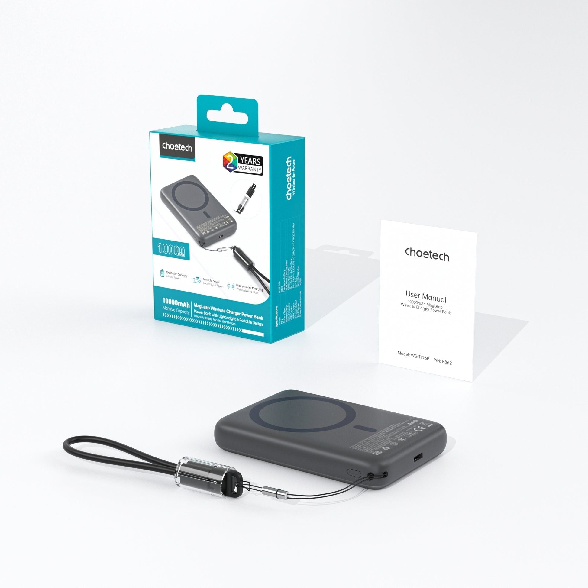 CHOETECH B-862-GY CCC Certified 10000mAh Ultra Thin Magnetic Power Bank V28-ELECHOB862GY