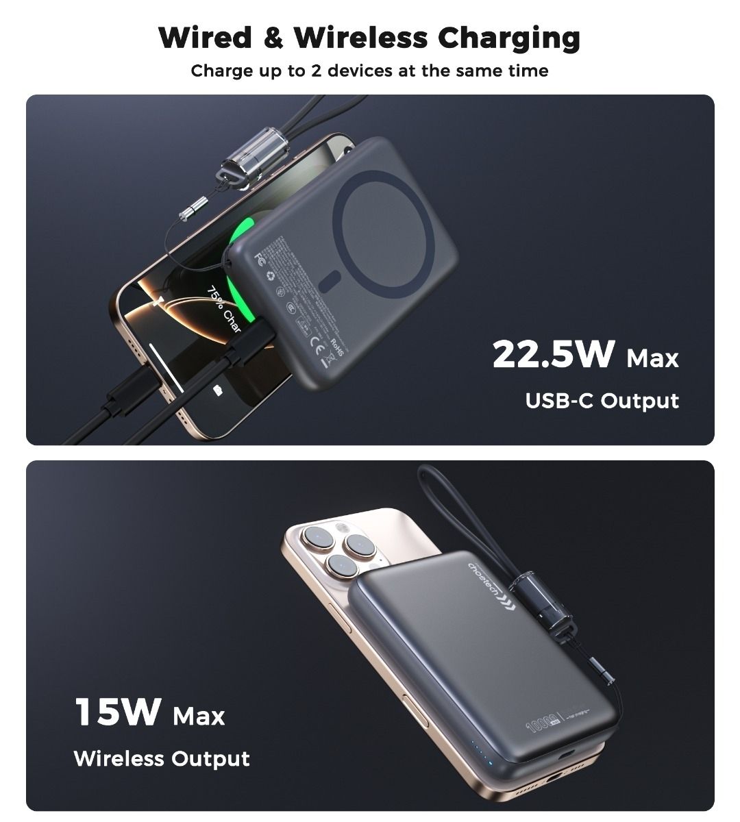 CHOETECH B-862-GY CCC Certified 10000mAh Ultra Thin Magnetic Power Bank V28-ELECHOB862GY