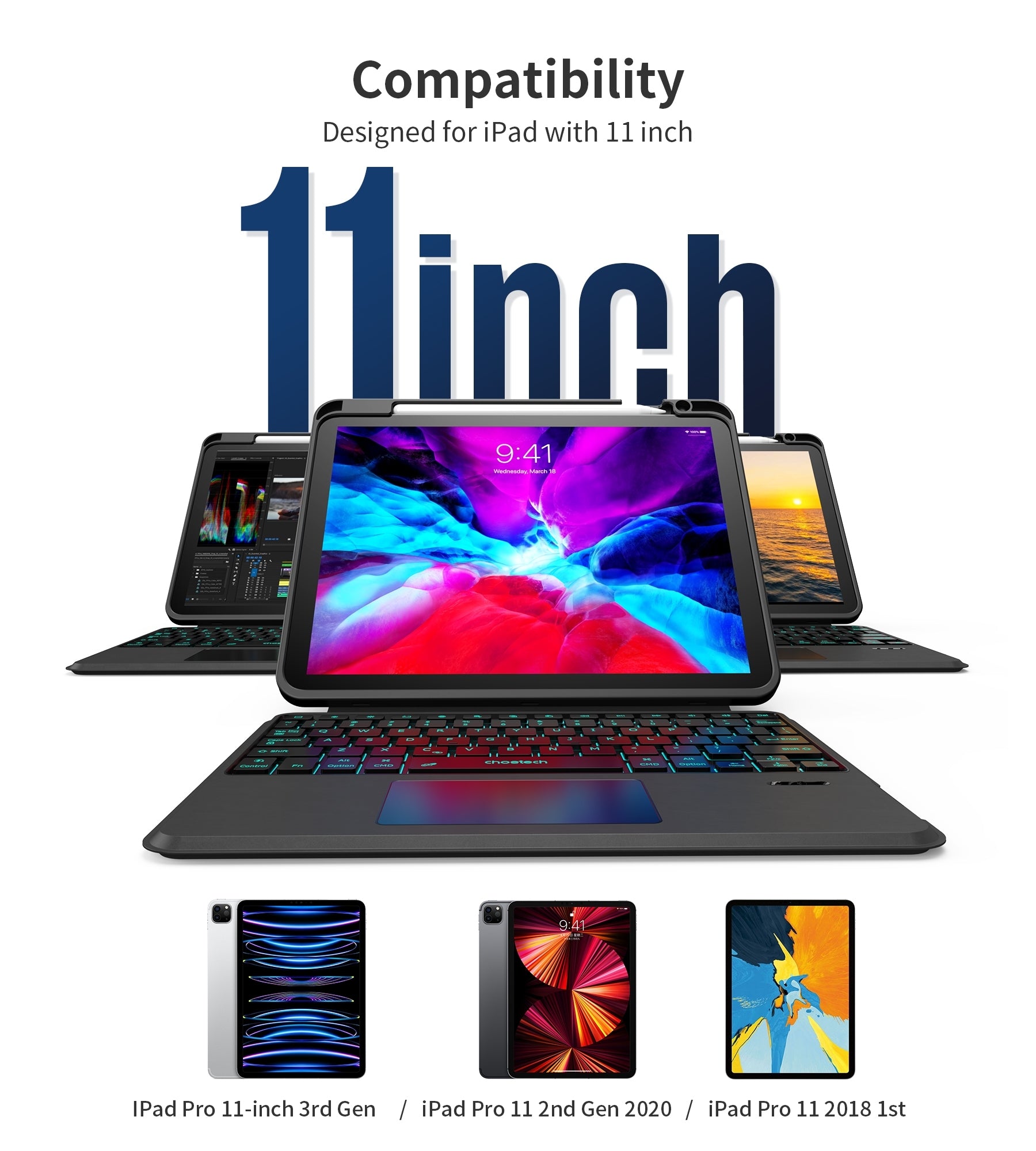 CHOETECH BH-018 Wireless Keyboard with Touchpad and Backlight for iPad Pro 11 " (Black) V28-ELECHOBH018BK