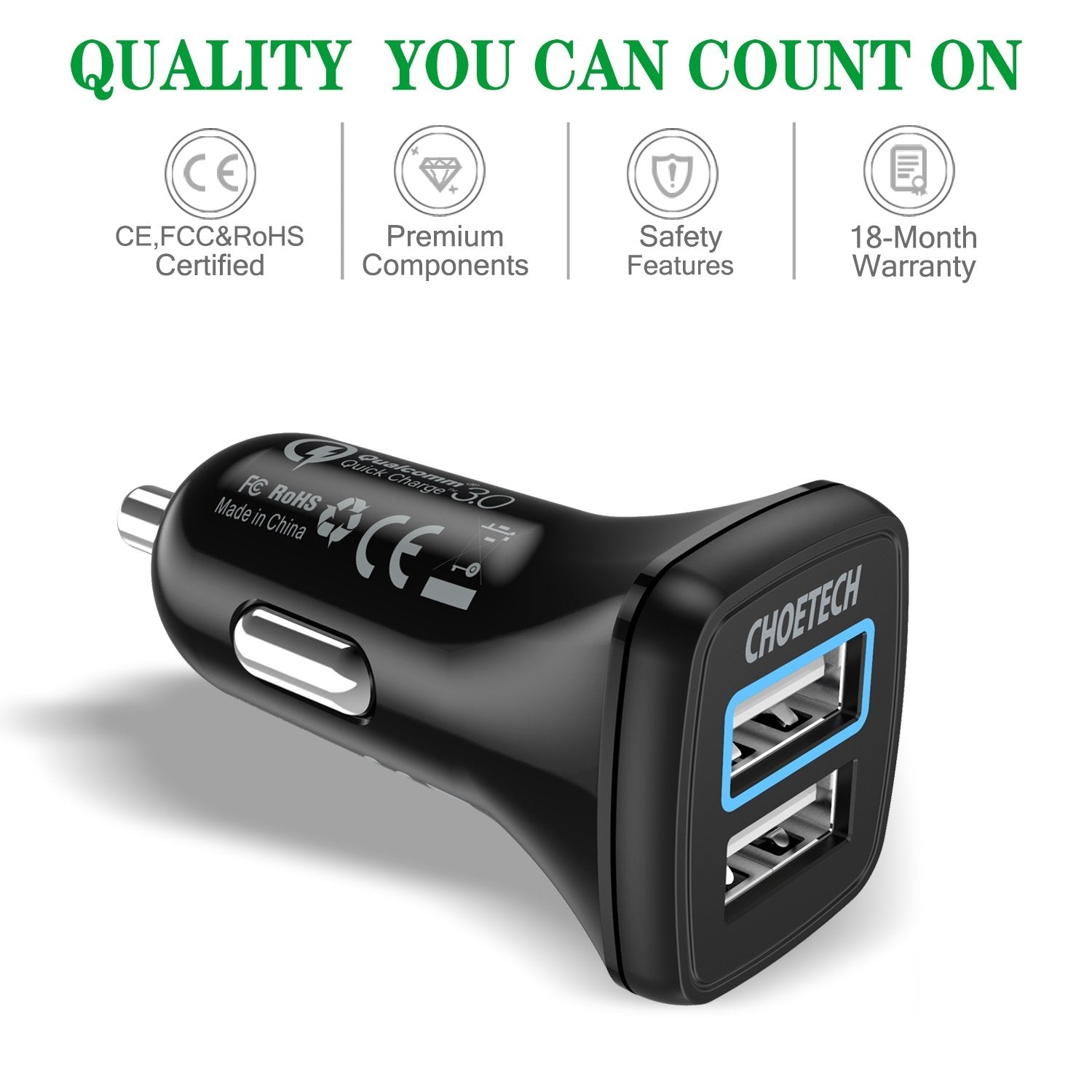 CHOETECH C0051 Quick Charge 3.0 Tech 30W Car Charger V28-ELECHOC0051