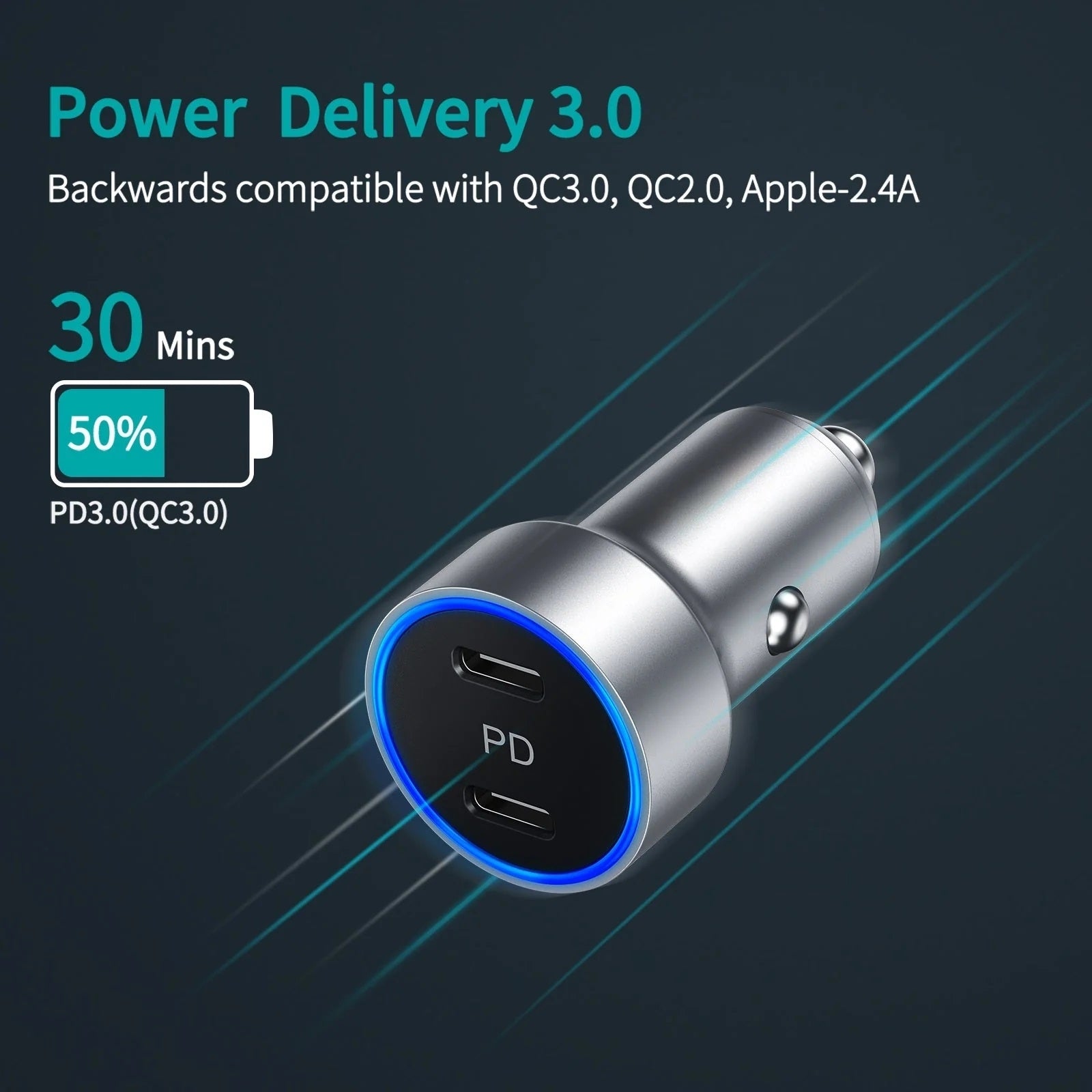 CHOETECH C0054-SL Dual Port PD 40W USB-C Car Charger Adapter Silver V28-ELECHOC0054SL