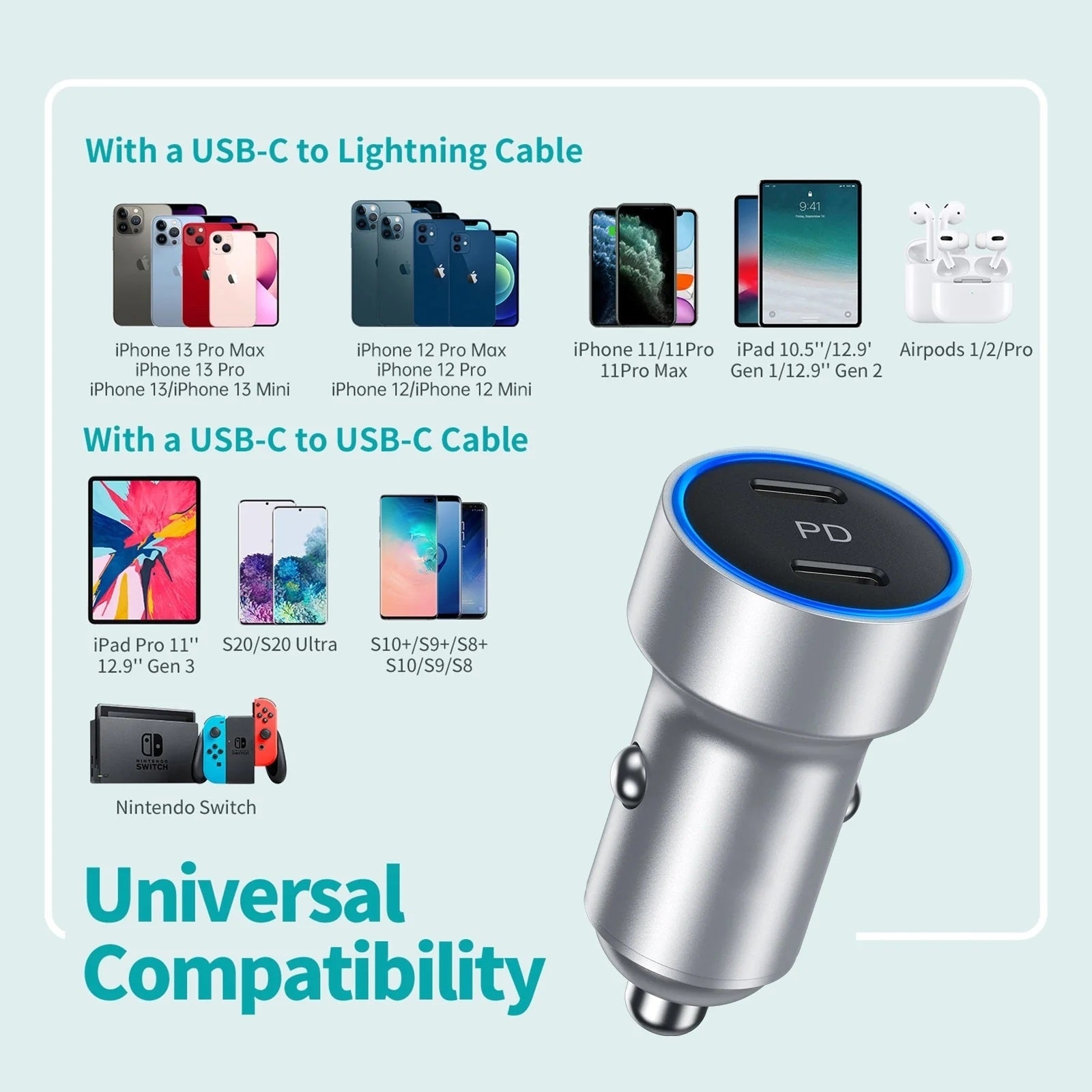 CHOETECH C0054-SL Dual Port PD 40W USB-C Car Charger Adapter Silver V28-ELECHOC0054SL