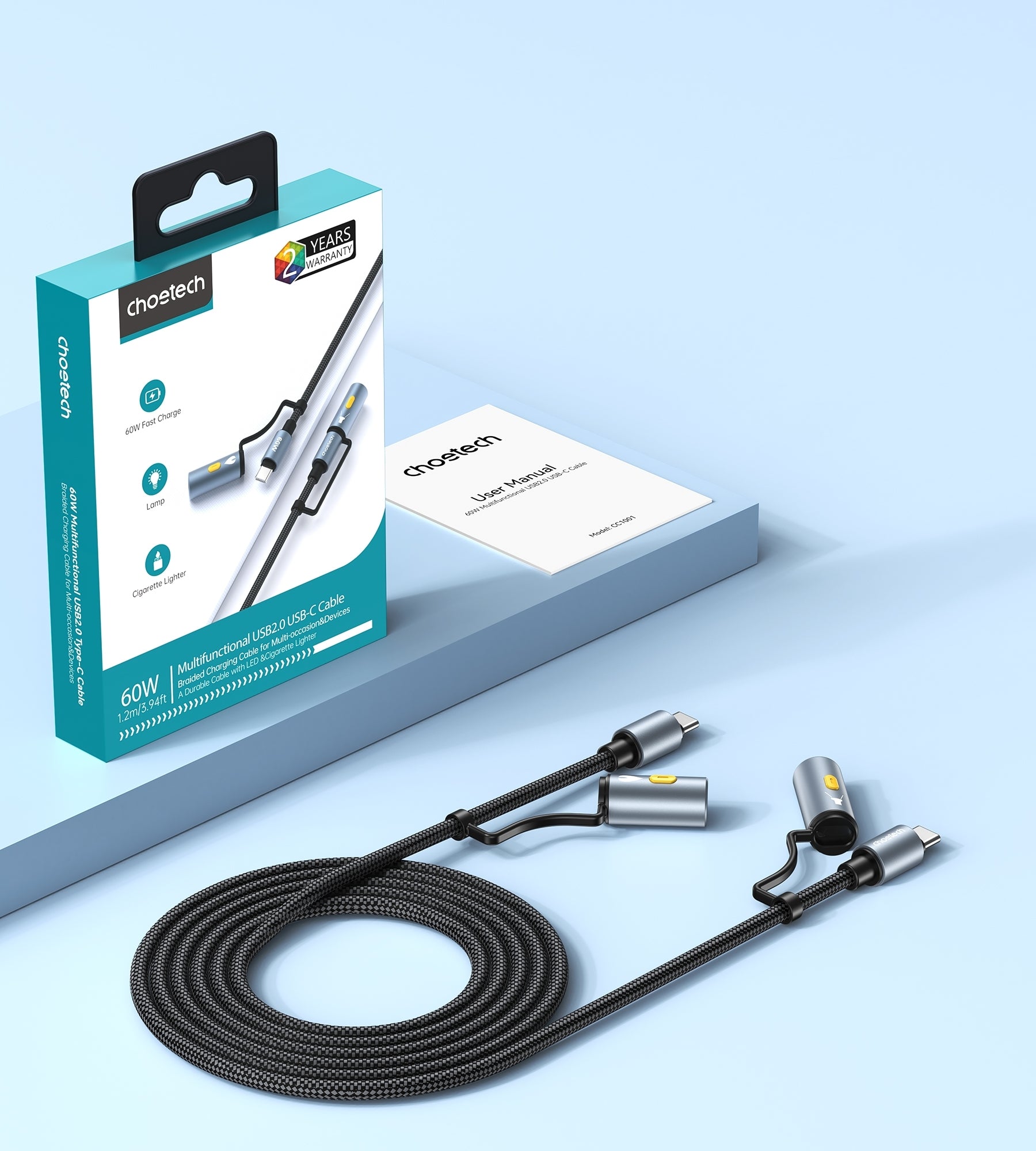 CHOETECH CC1001 Smart PD60W 4-in-1 USB C to C cable 1.2M V28-ELECHOCC1001
